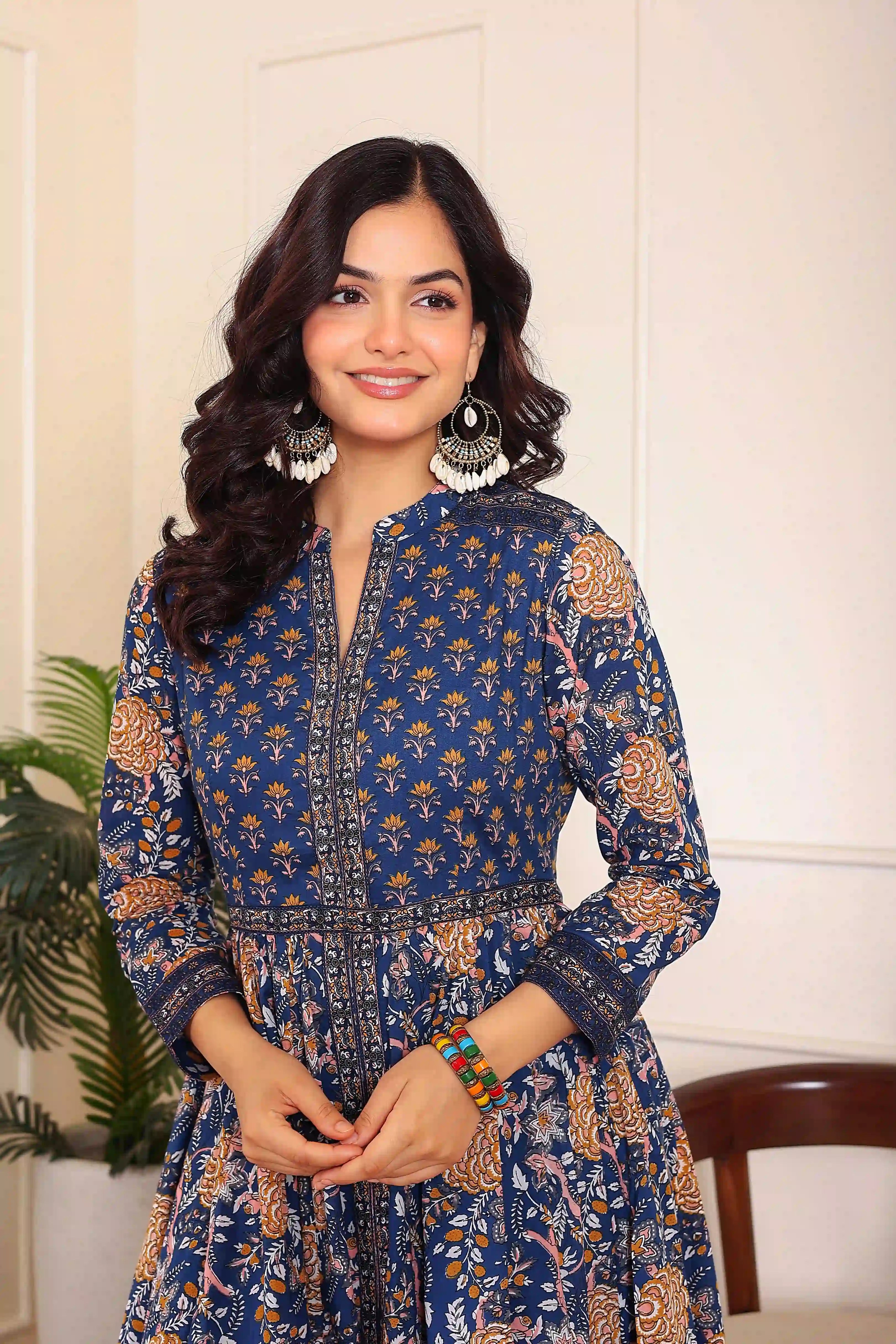 Dark Blue Anarkali Cotton Hand Printed Ethnic Maxi Dress