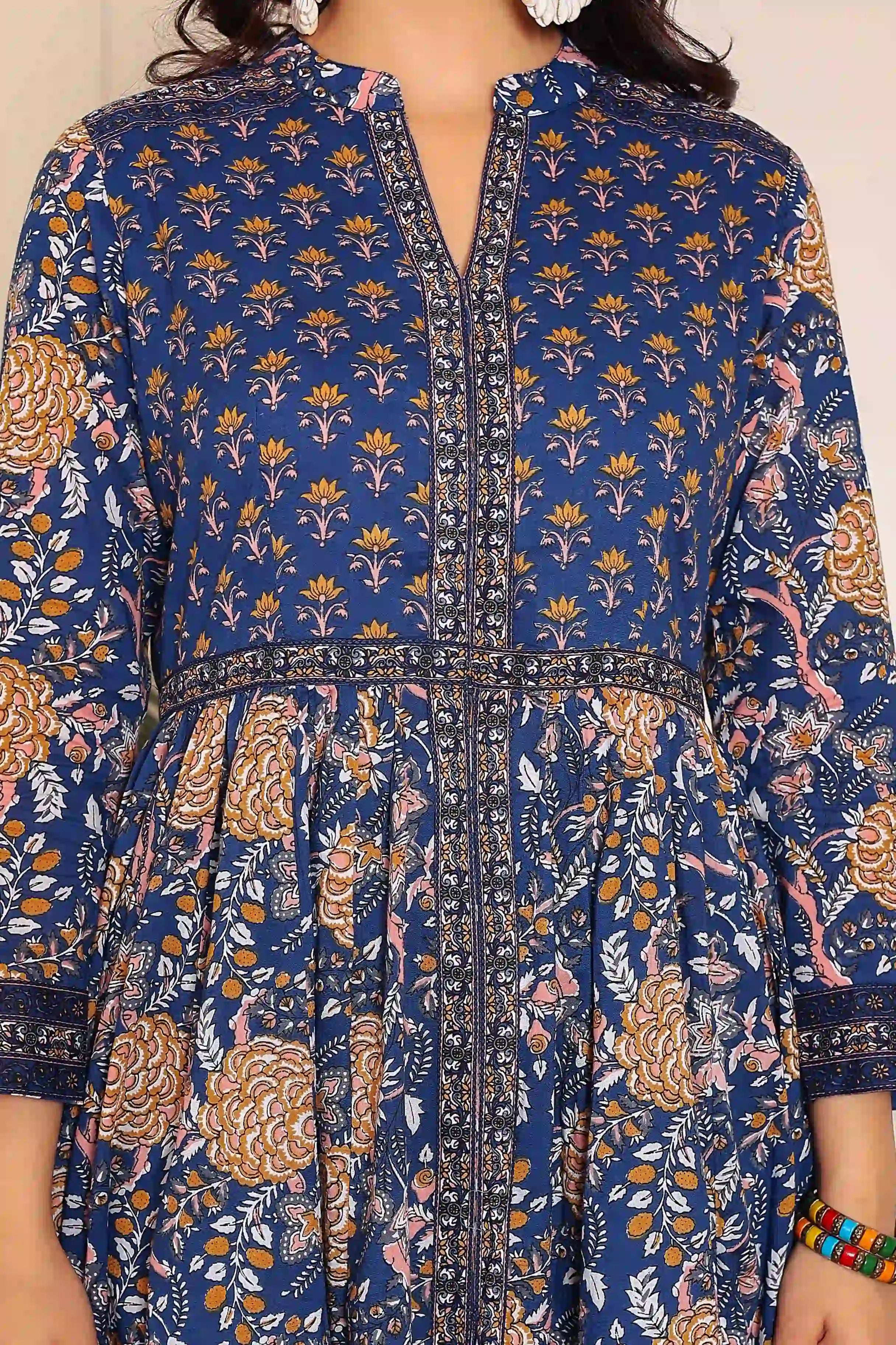 Dark Blue Anarkali Cotton Hand Printed Ethnic Maxi Dress