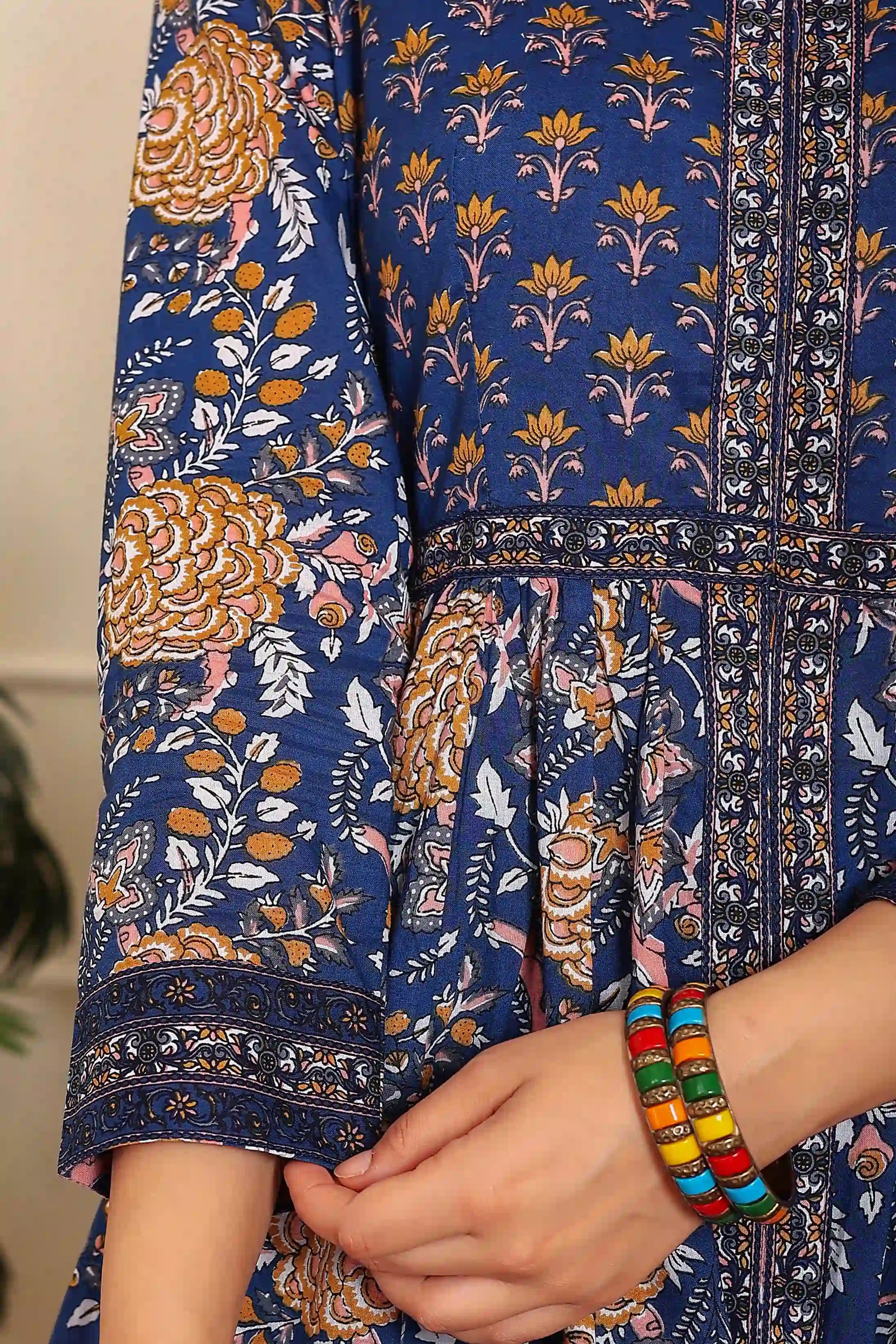 Dark Blue Anarkali Cotton Hand Printed Ethnic Maxi Dress
