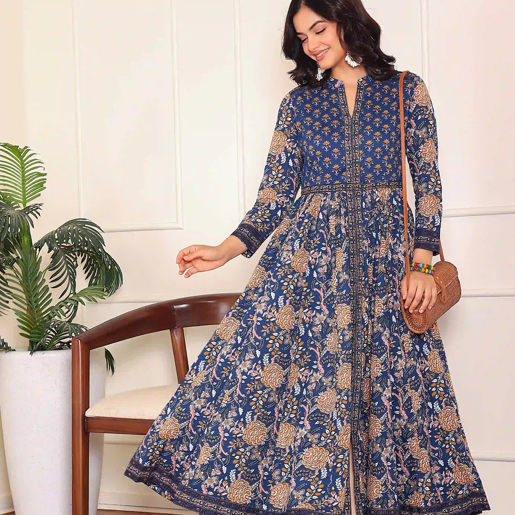 Dark Blue Anarkali Cotton Hand Printed Ethnic Maxi Dress