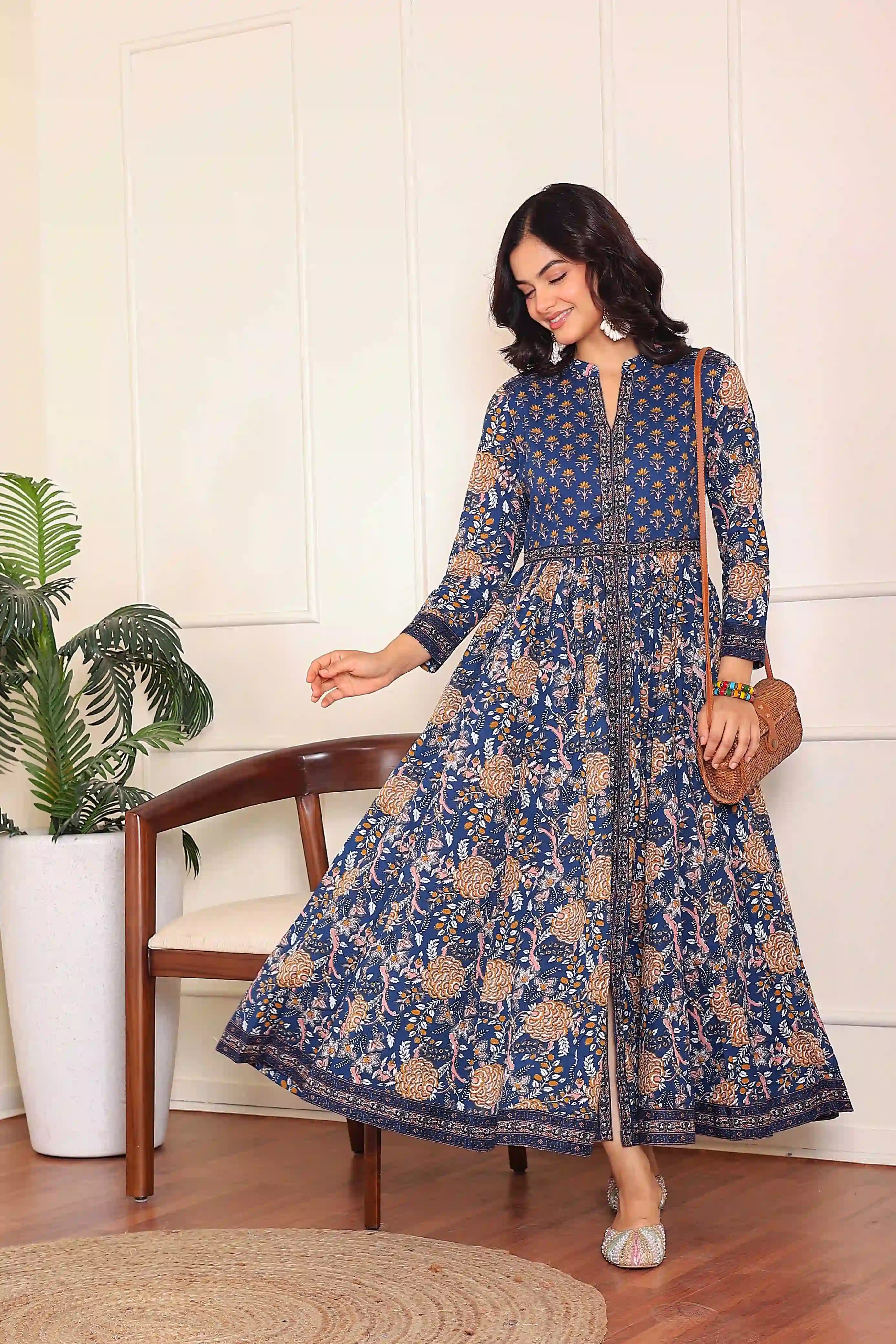 Dark Blue Anarkali Cotton Hand Printed Ethnic Maxi Dress