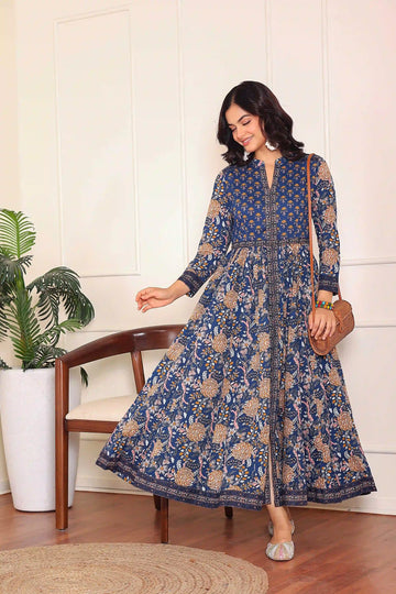 Dark Blue Anarkali Cotton Hand Printed Ethnic Maxi Dress