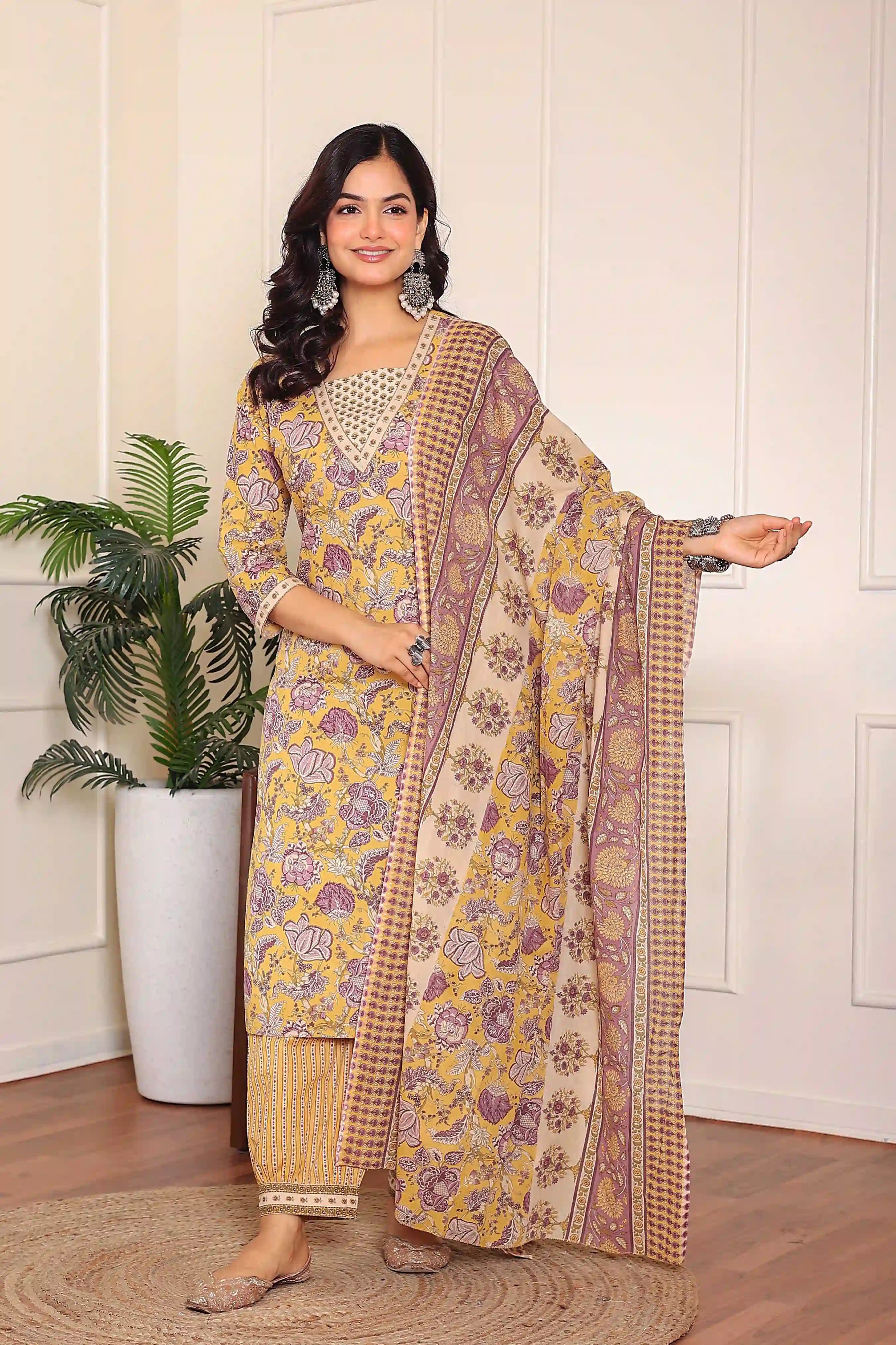 Yellow Floral Printed Kurta Set with Dupatta