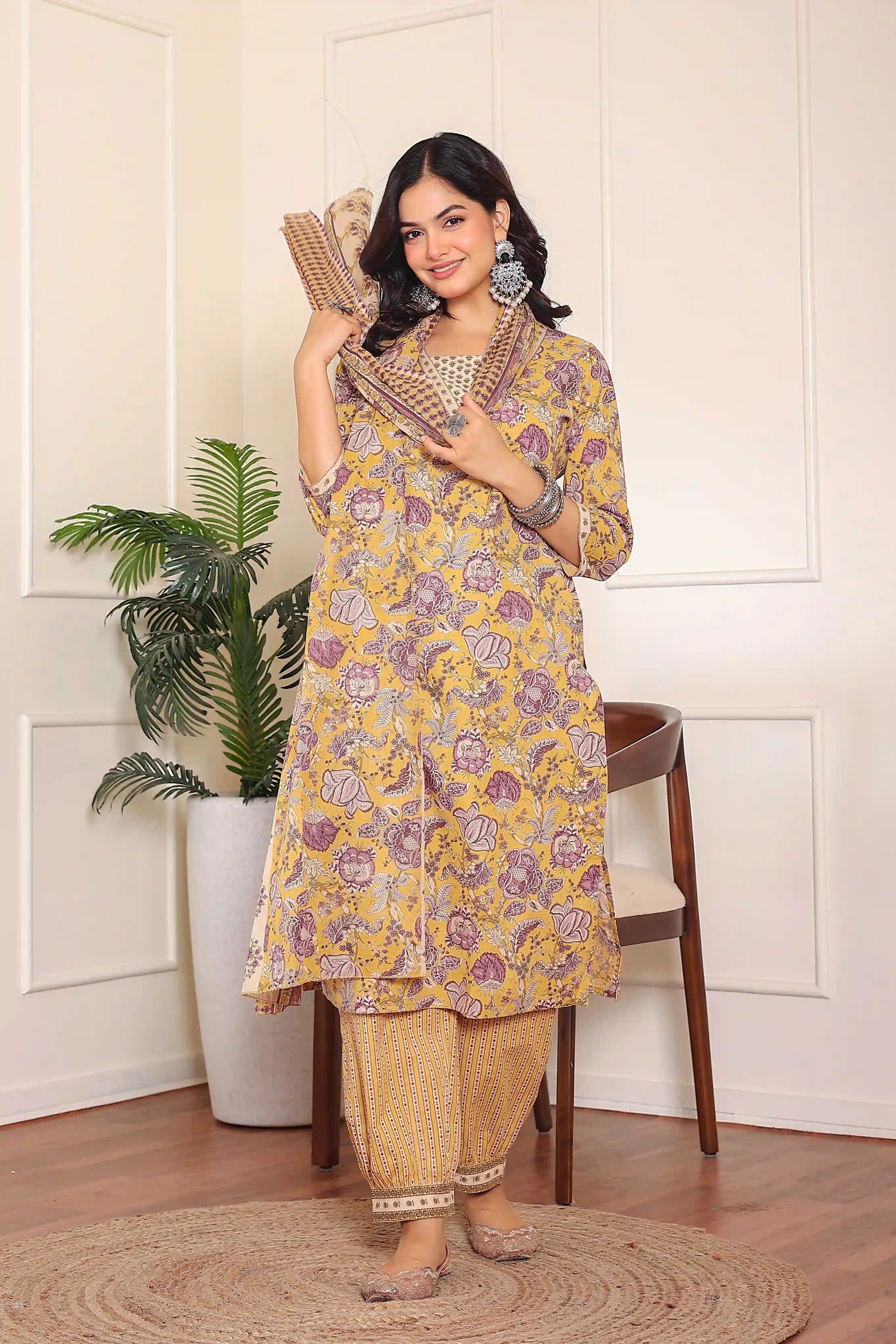 Yellow Floral Printed Kurta Set with Dupatta