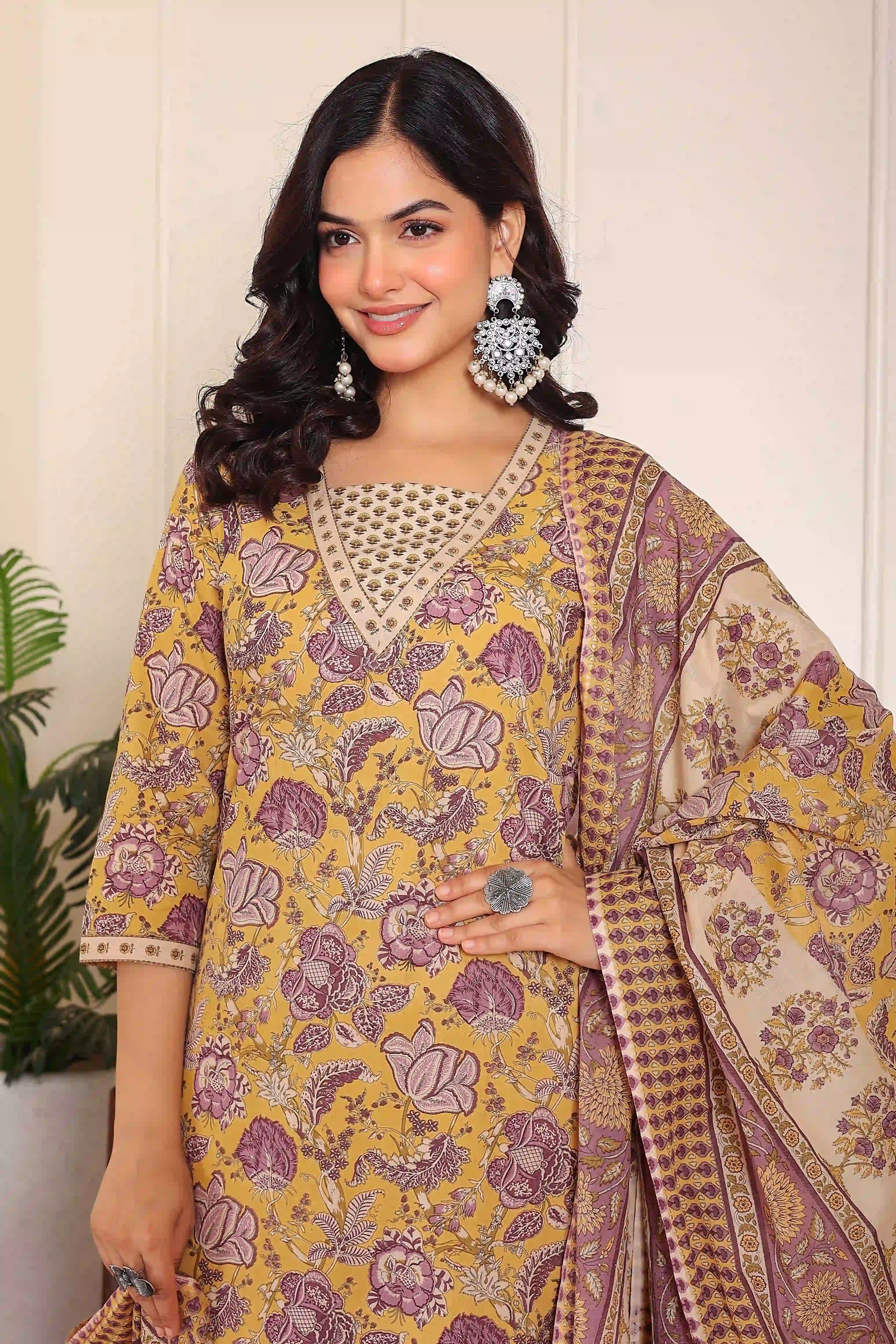 Yellow Floral Printed Kurta Set with Dupatta