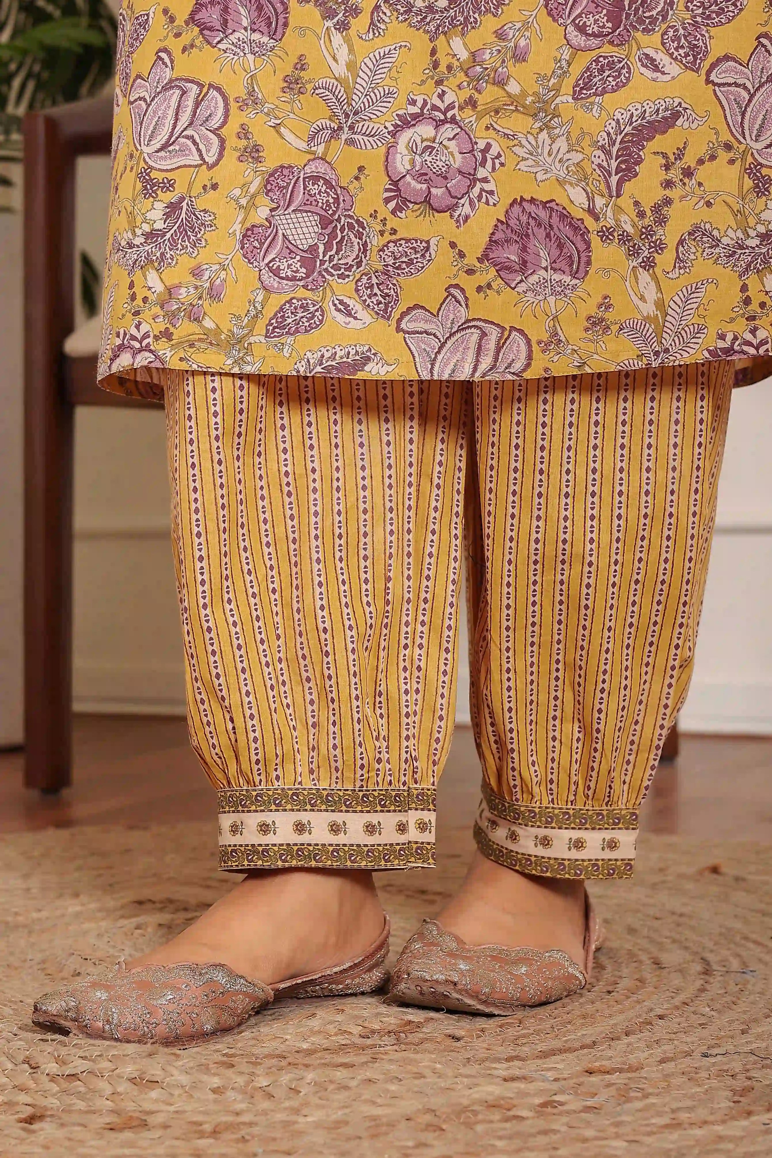 Yellow Floral Printed Kurta Set with Dupatta