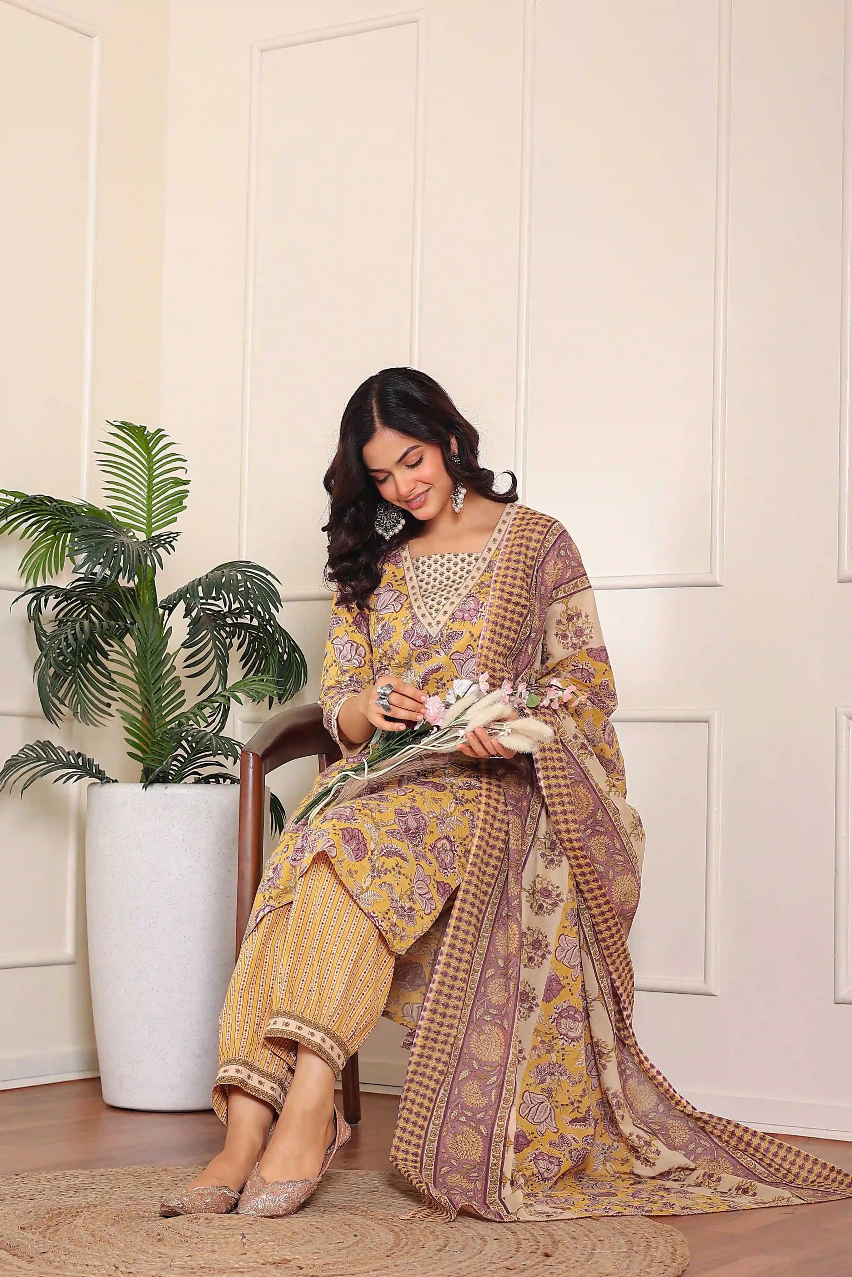Yellow Floral Printed Kurta Set with Dupatta