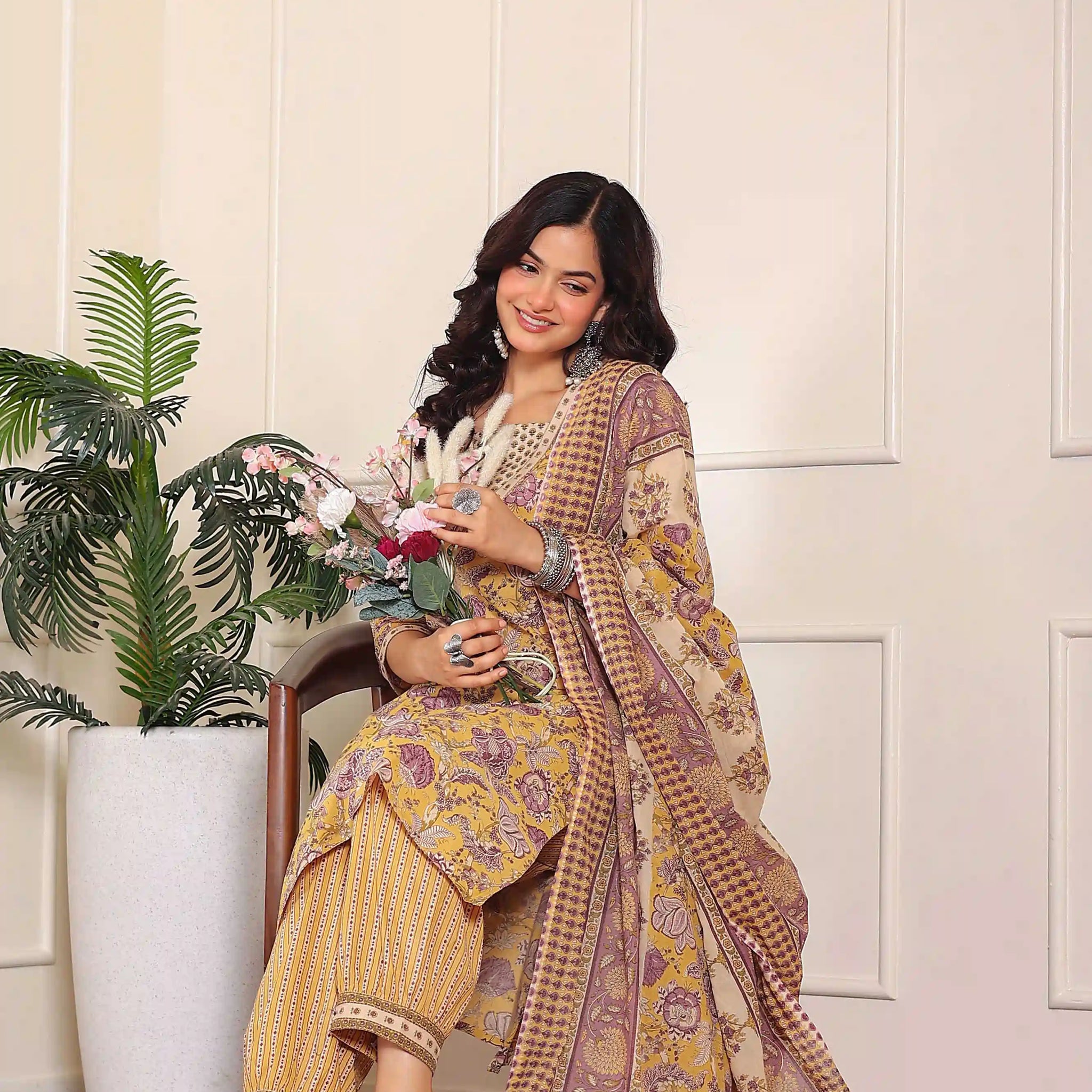 Yellow Floral Printed Kurta Set with Dupatta