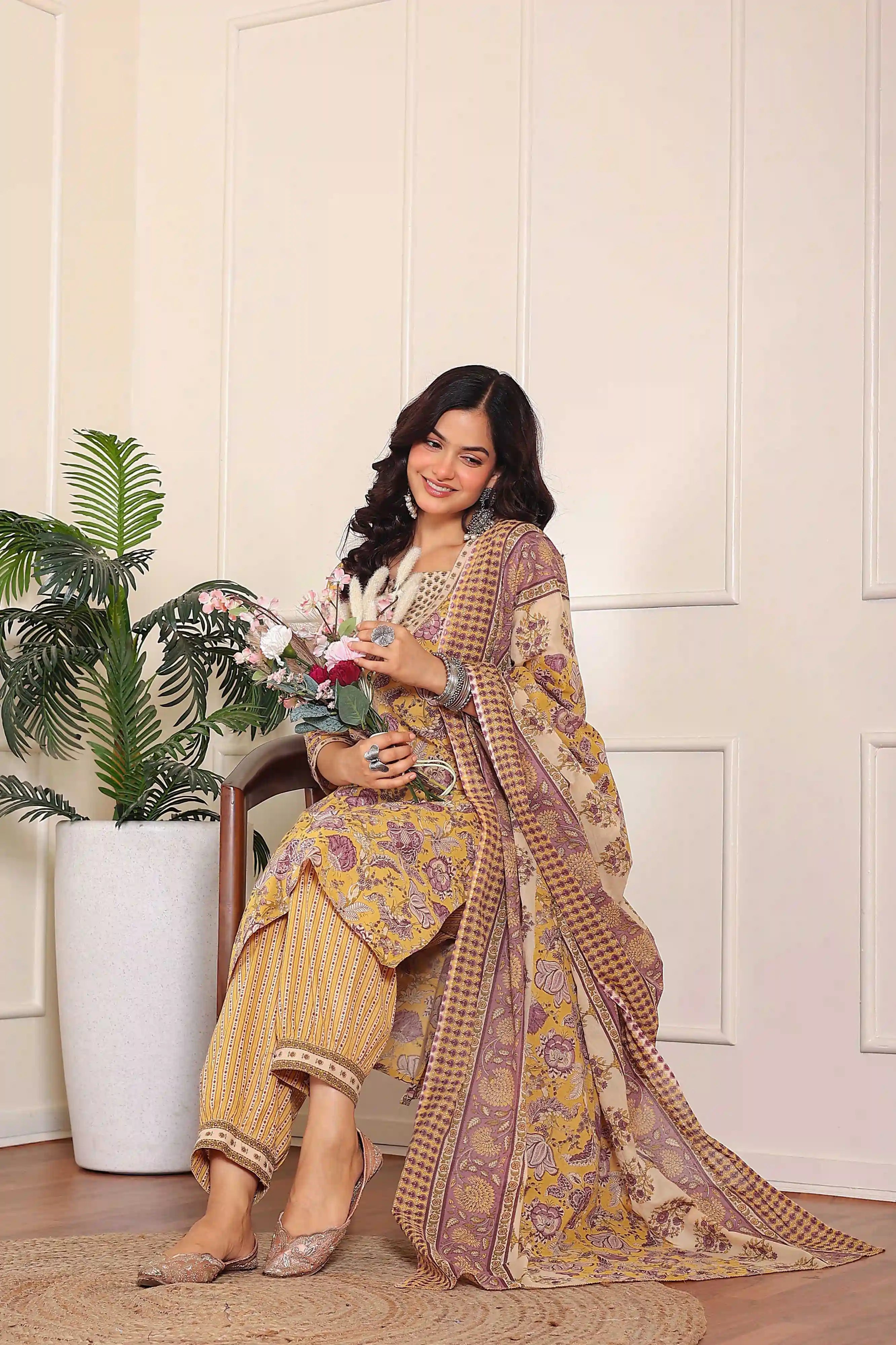 Yellow Floral Printed Kurta Set with Dupatta