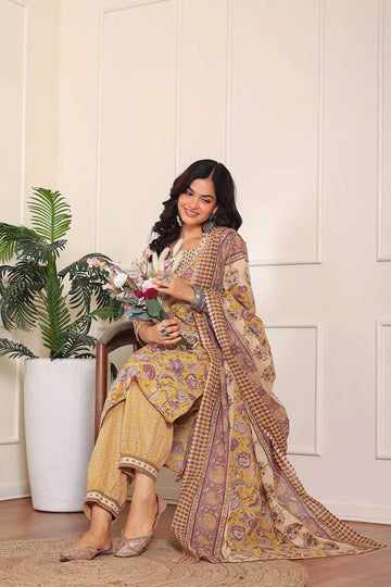 Yellow Floral Printed Kurta Set with Dupatta