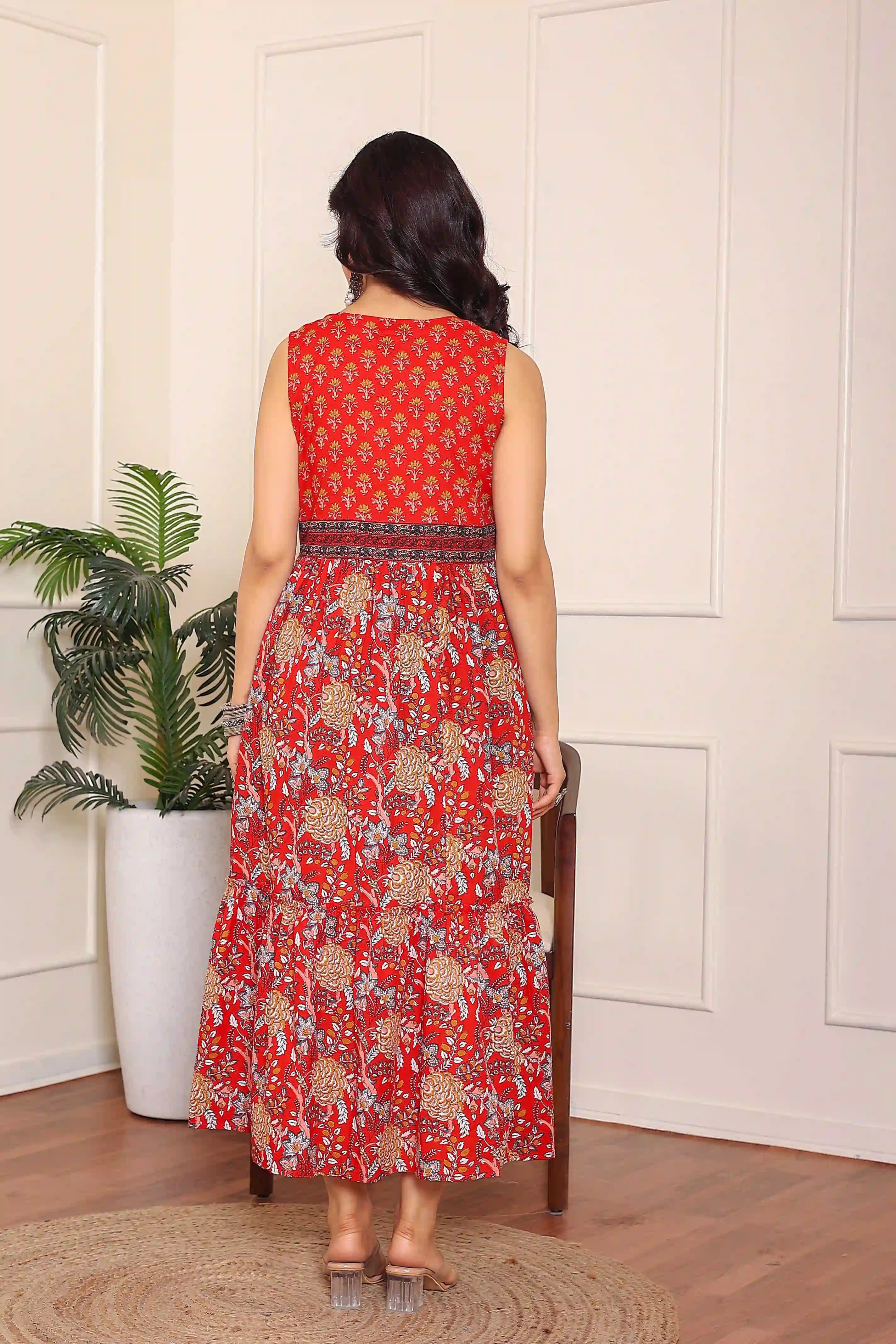 Dark Red Floral Hand Printed Cotton Sleeveless Dress
