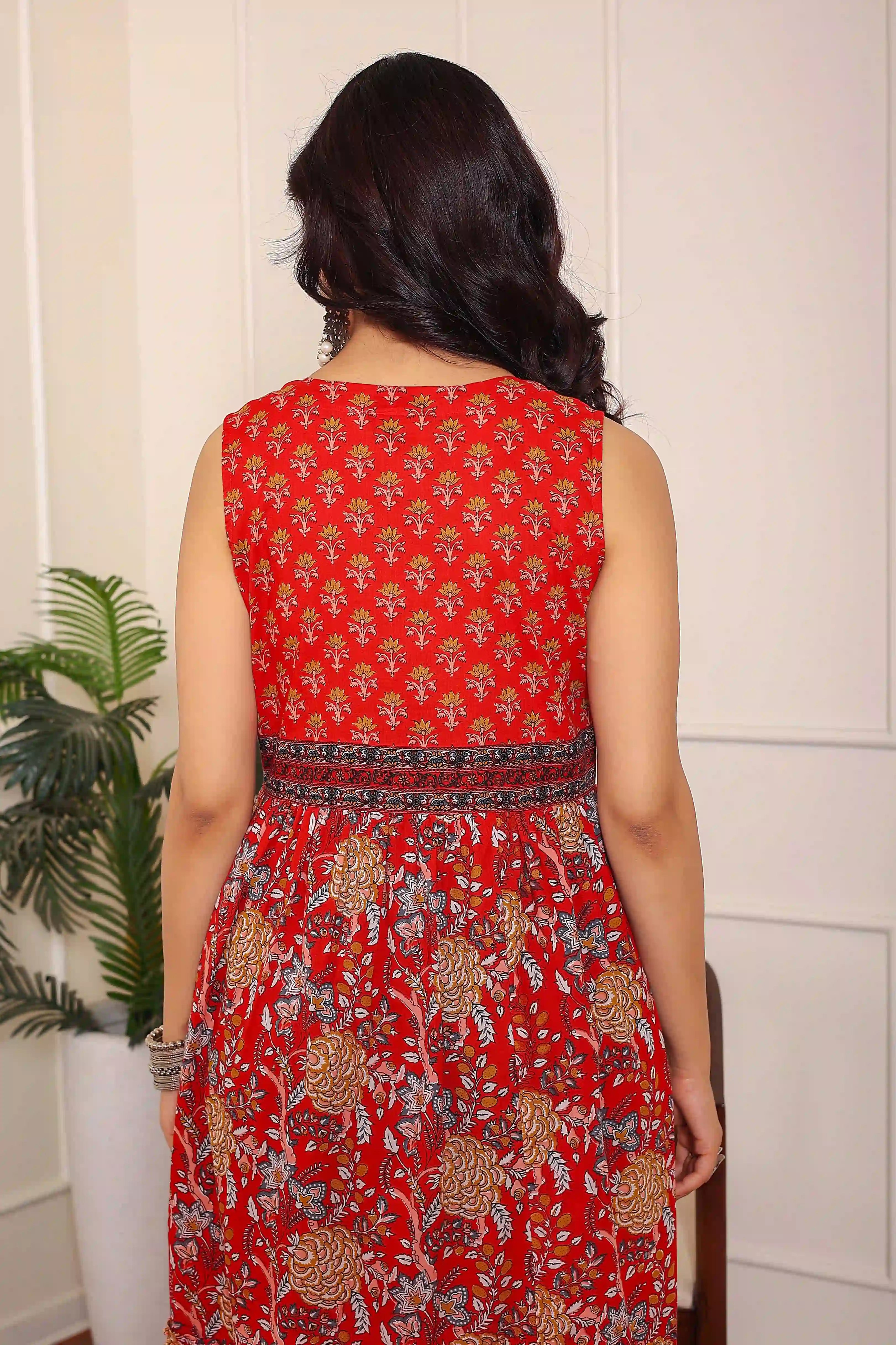 Dark Red Floral Hand Printed Cotton Sleeveless Dress