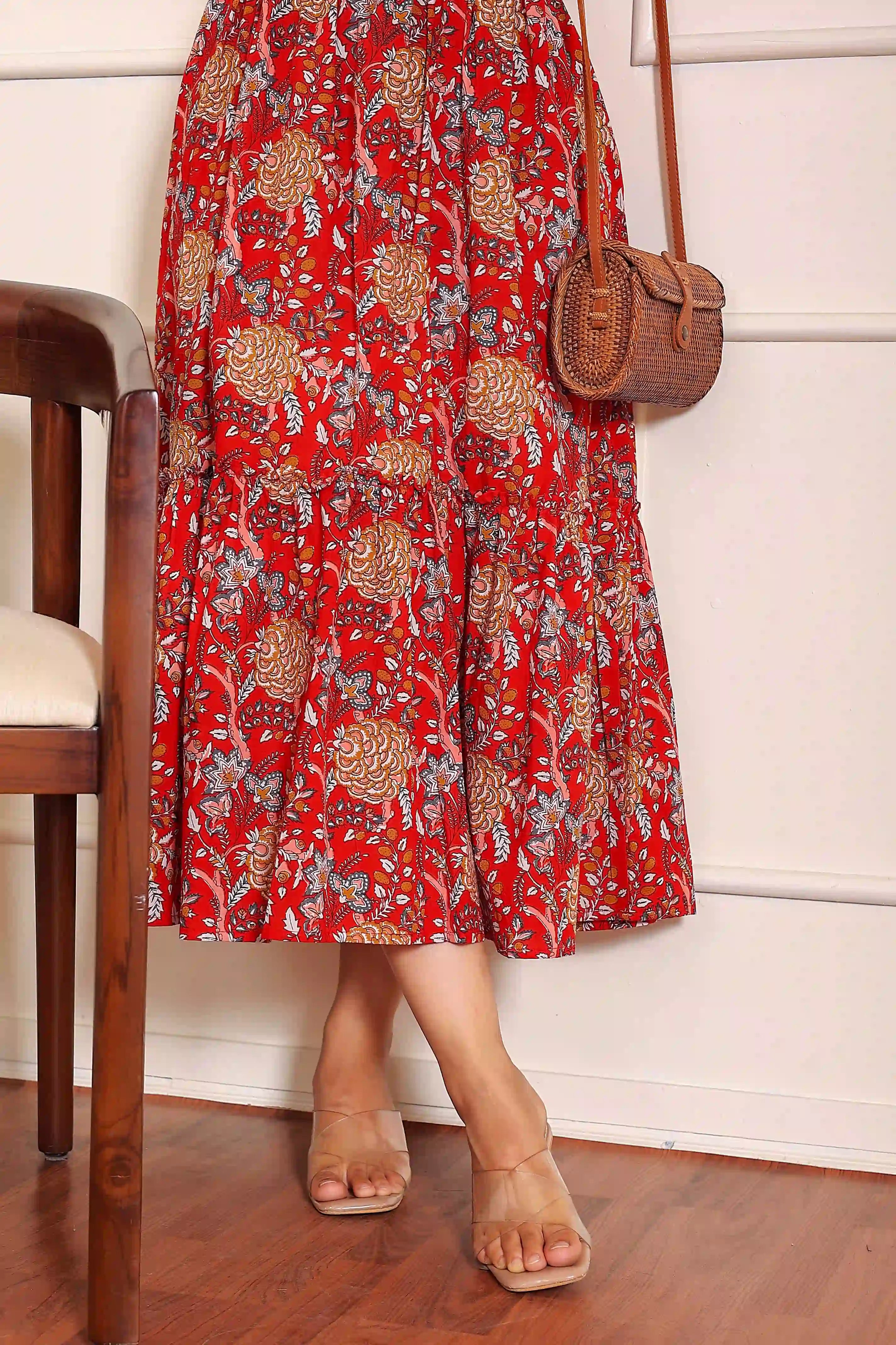 Dark Red Floral Hand Printed Cotton Sleeveless Dress