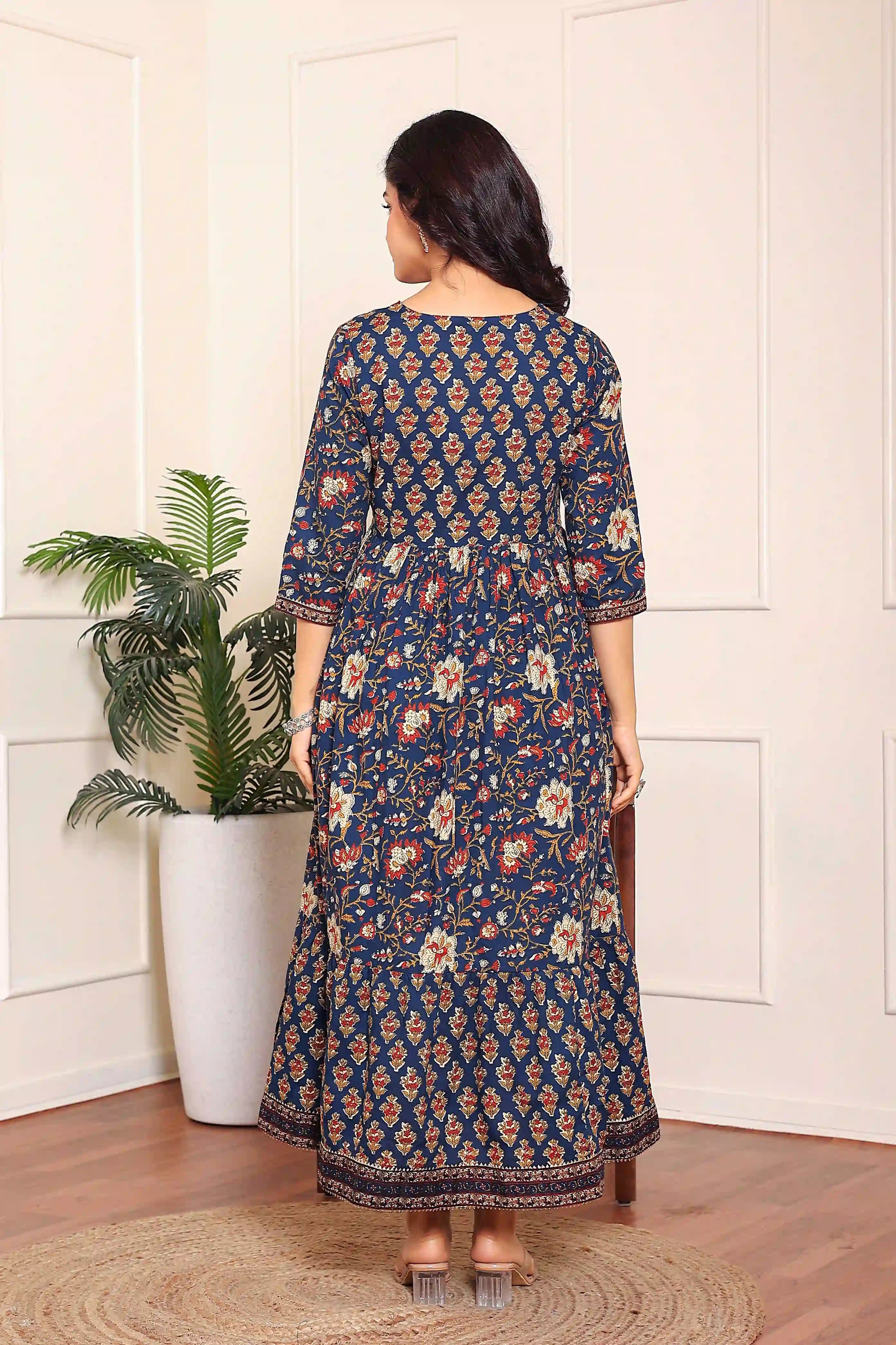 Navy Floral Hand Printed Angrakha Kurta