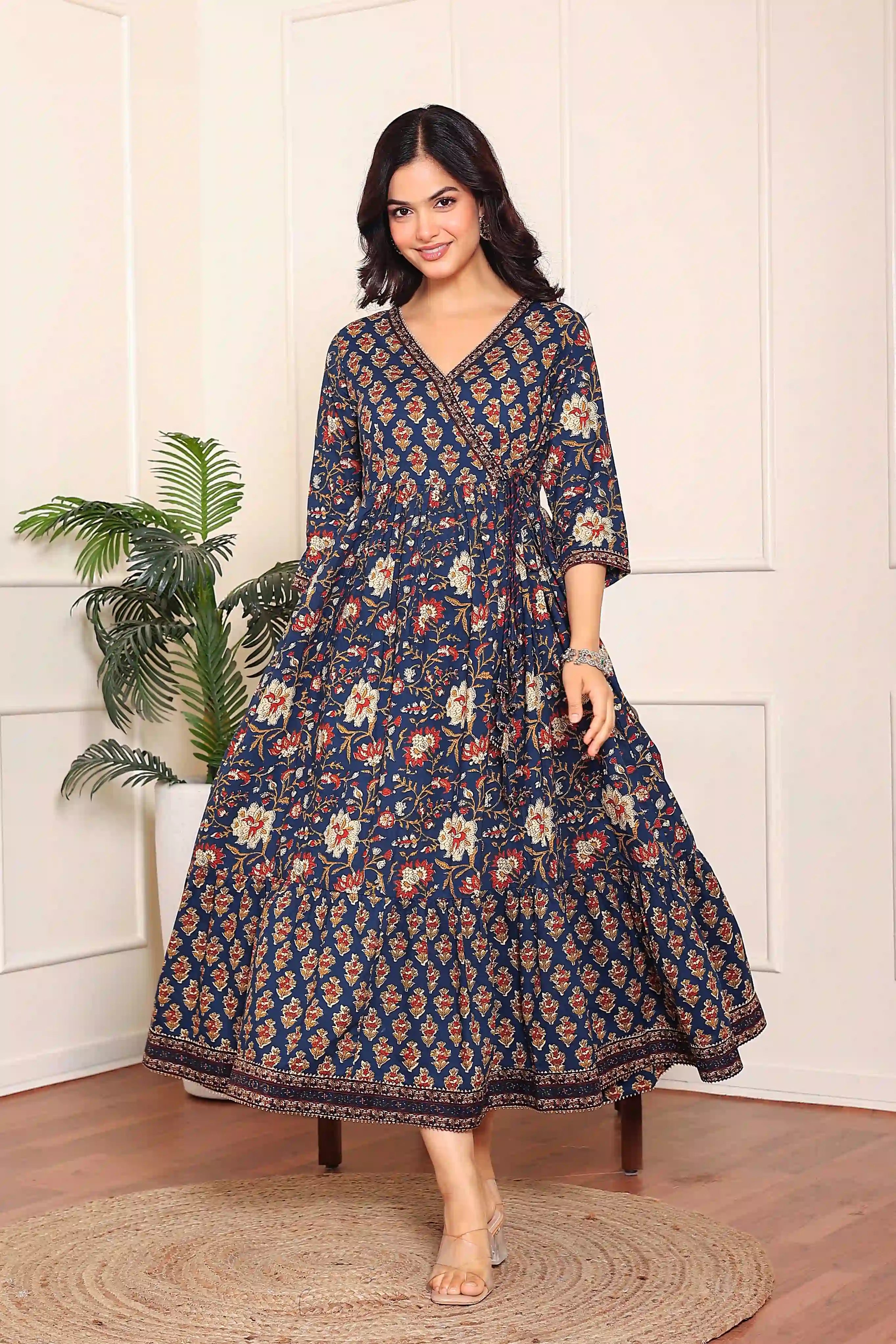 Navy Floral Hand Printed Angrakha Kurta