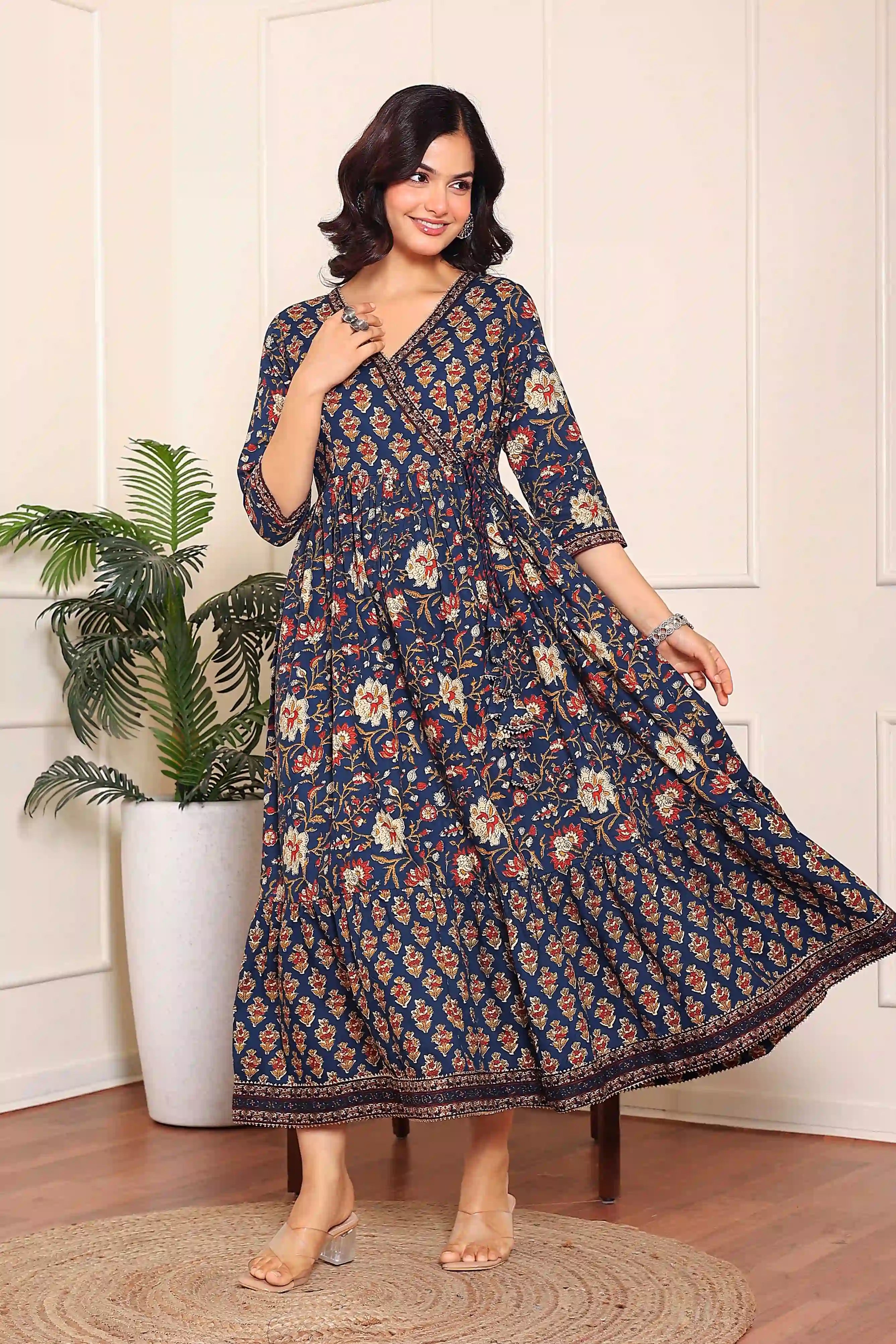 Navy Floral Hand Printed Angrakha Kurta