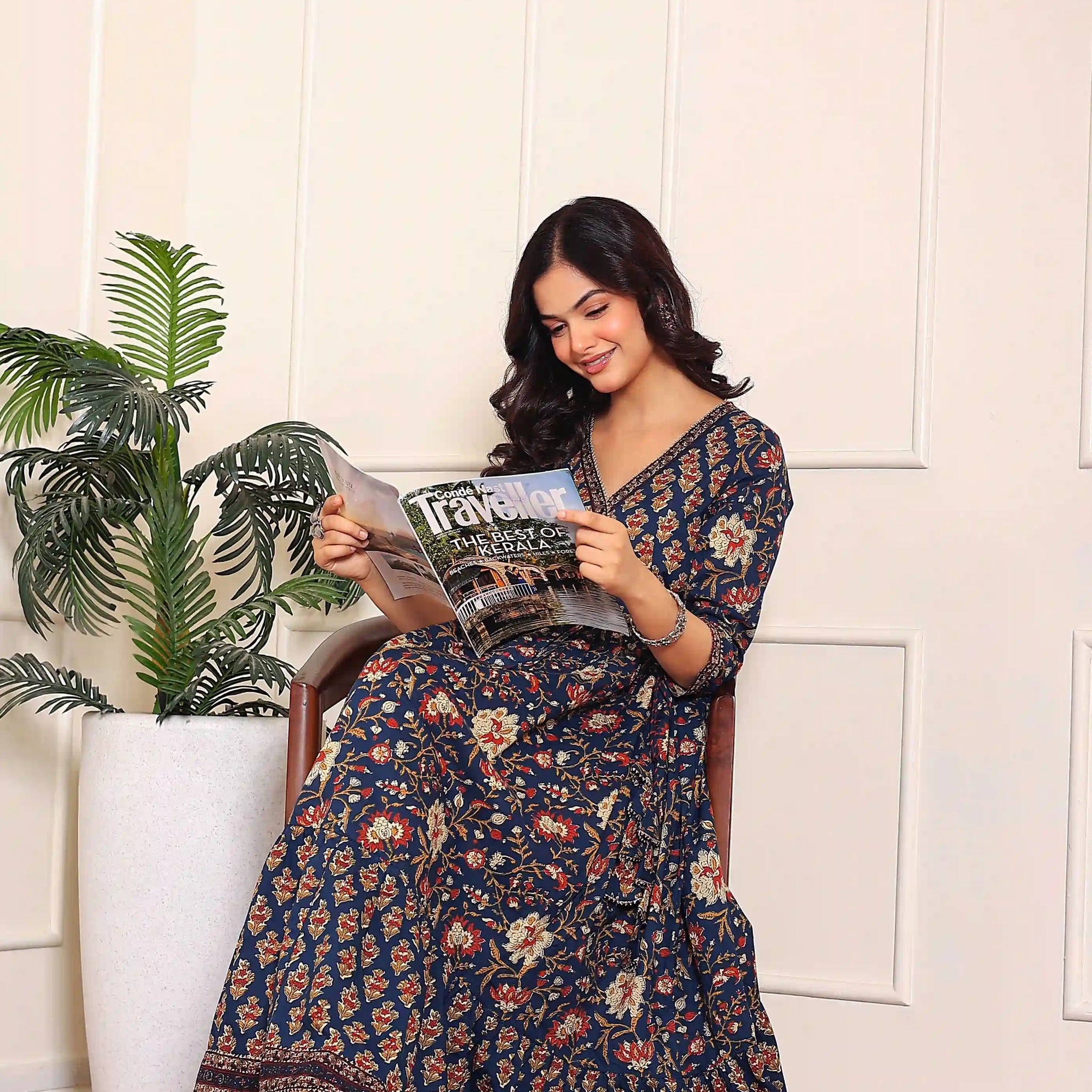 Navy Floral Hand Printed Angrakha Kurta