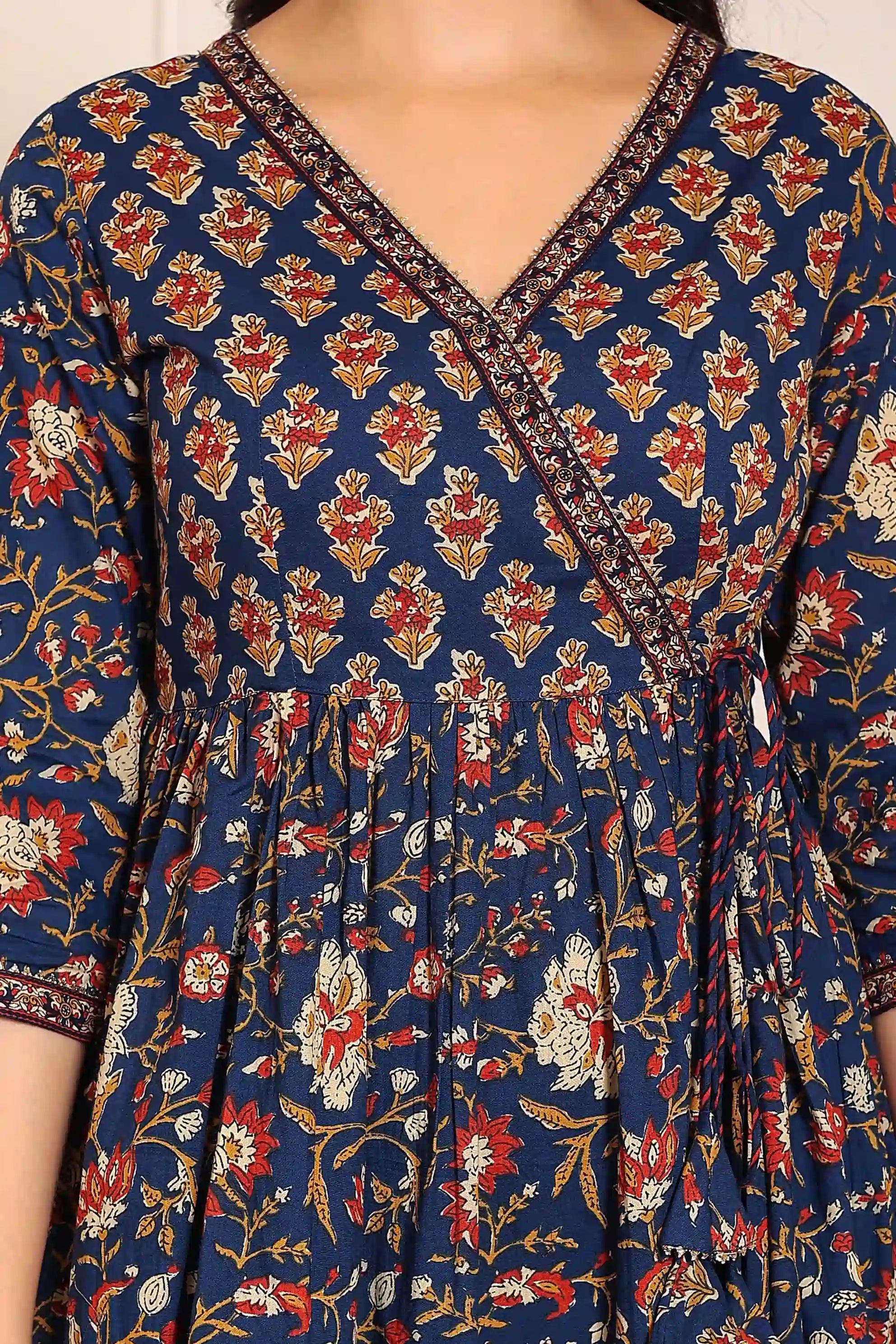 Navy Floral Hand Printed Angrakha Kurta