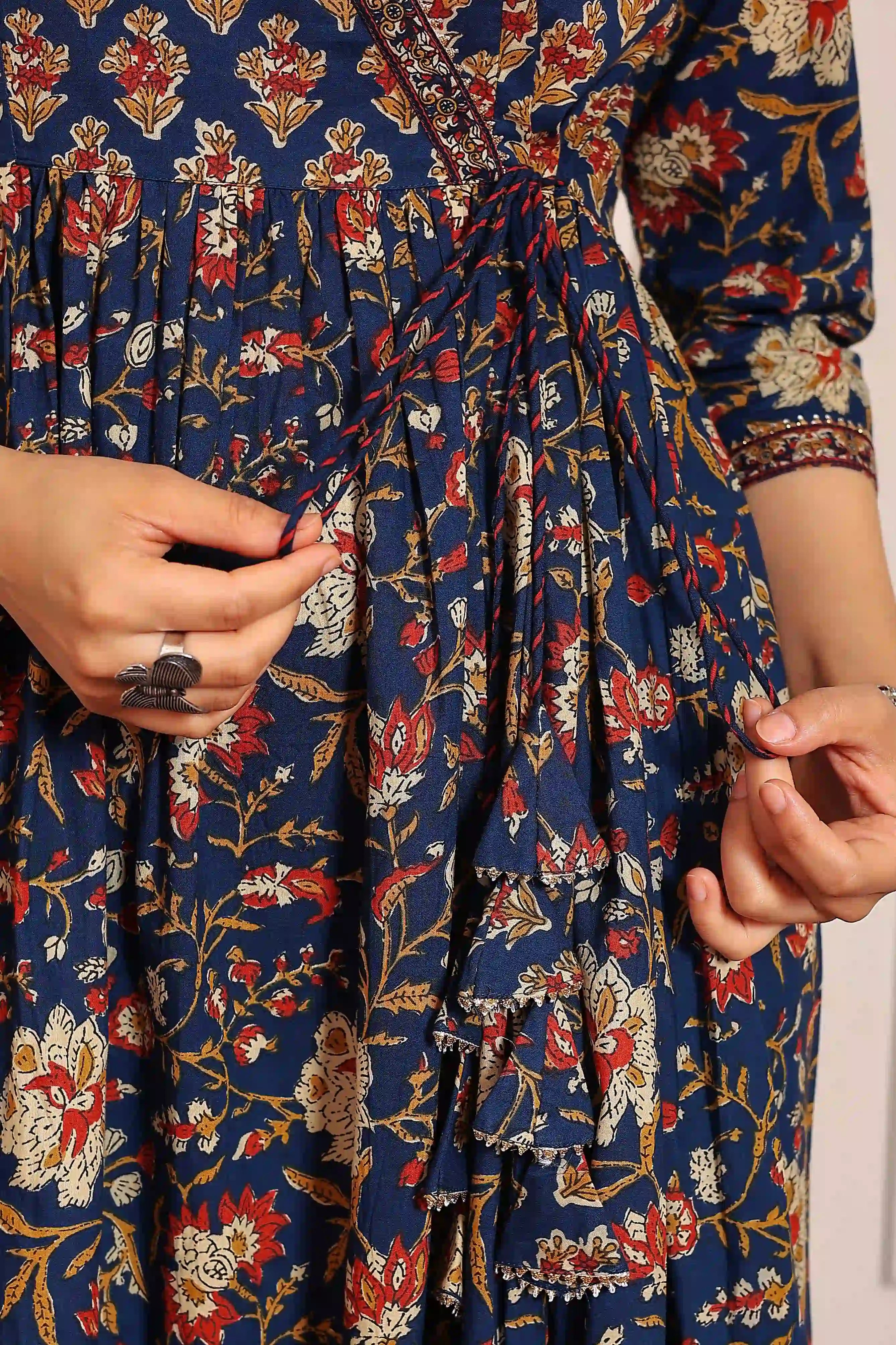 Navy Floral Hand Printed Angrakha Kurta
