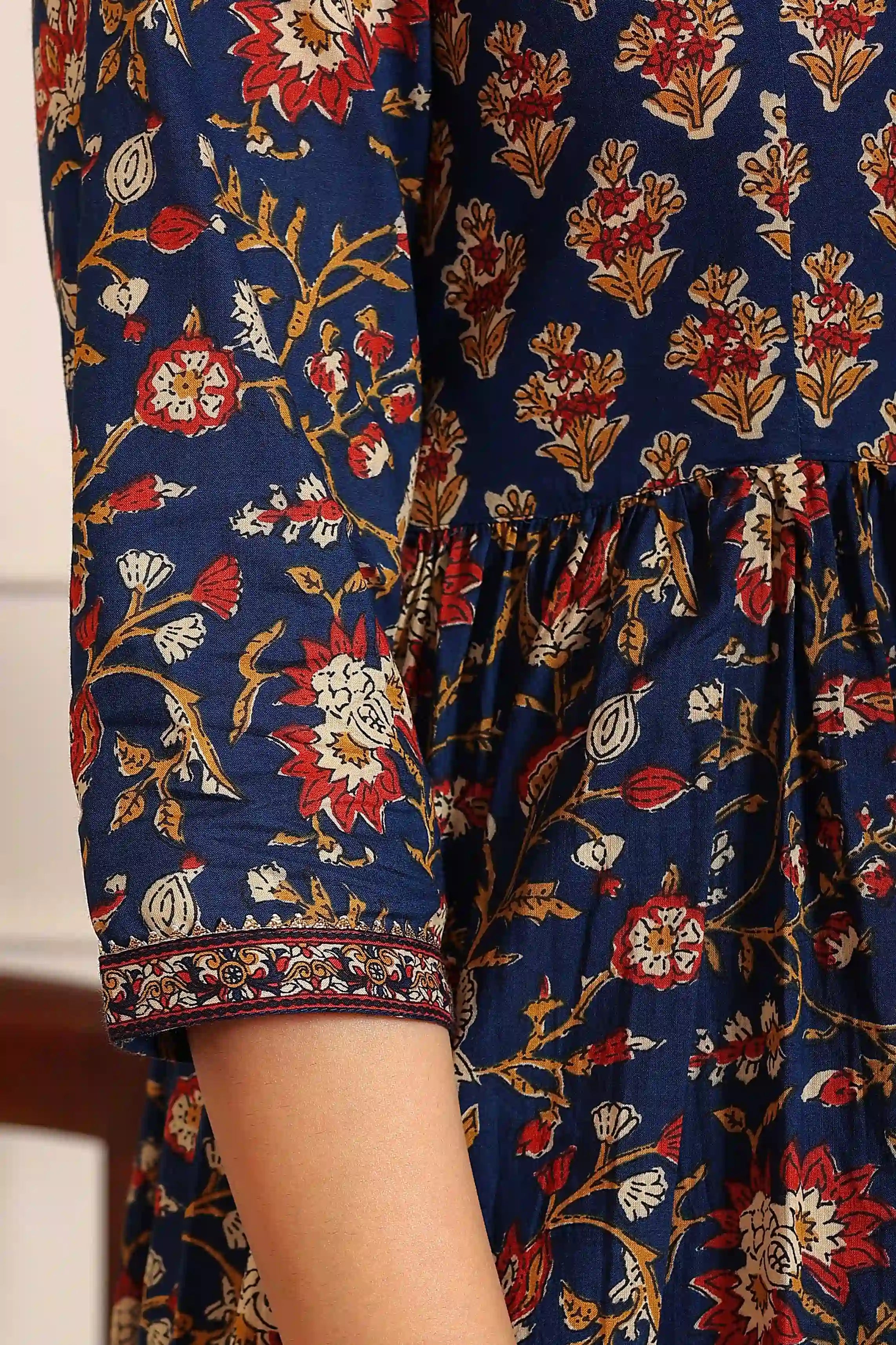 Navy Floral Hand Printed Angrakha Kurta
