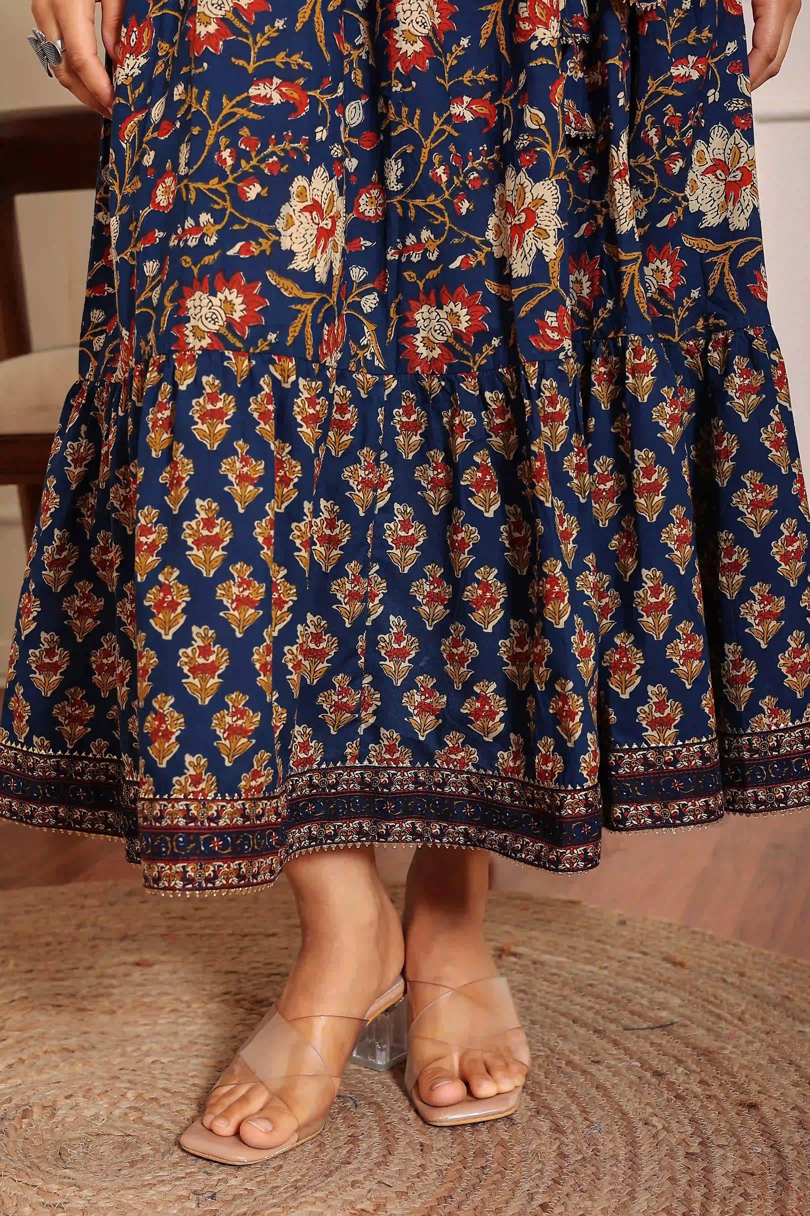 Navy Floral Hand Printed Angrakha Kurta