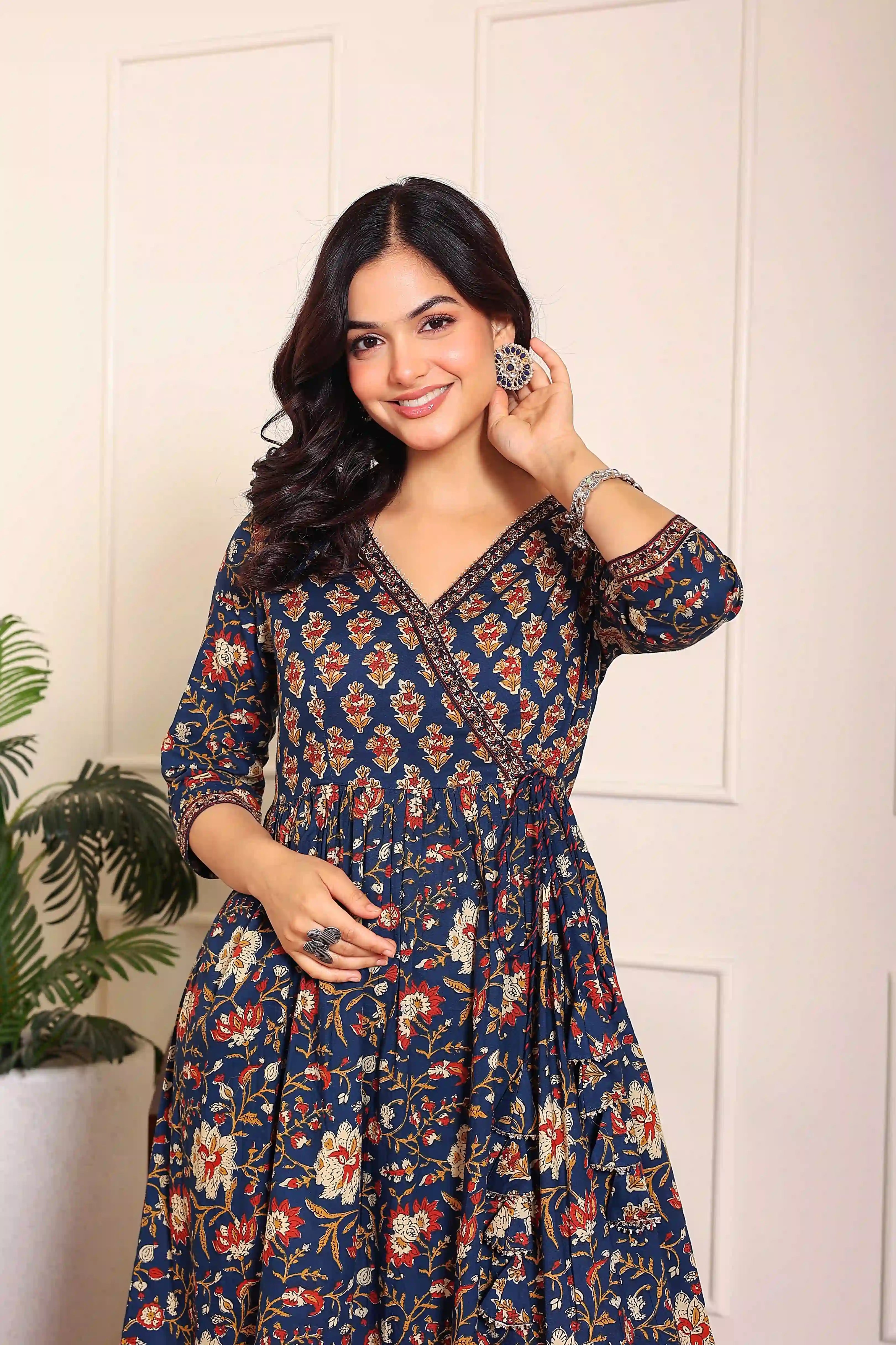 Navy Floral Hand Printed Angrakha Kurta