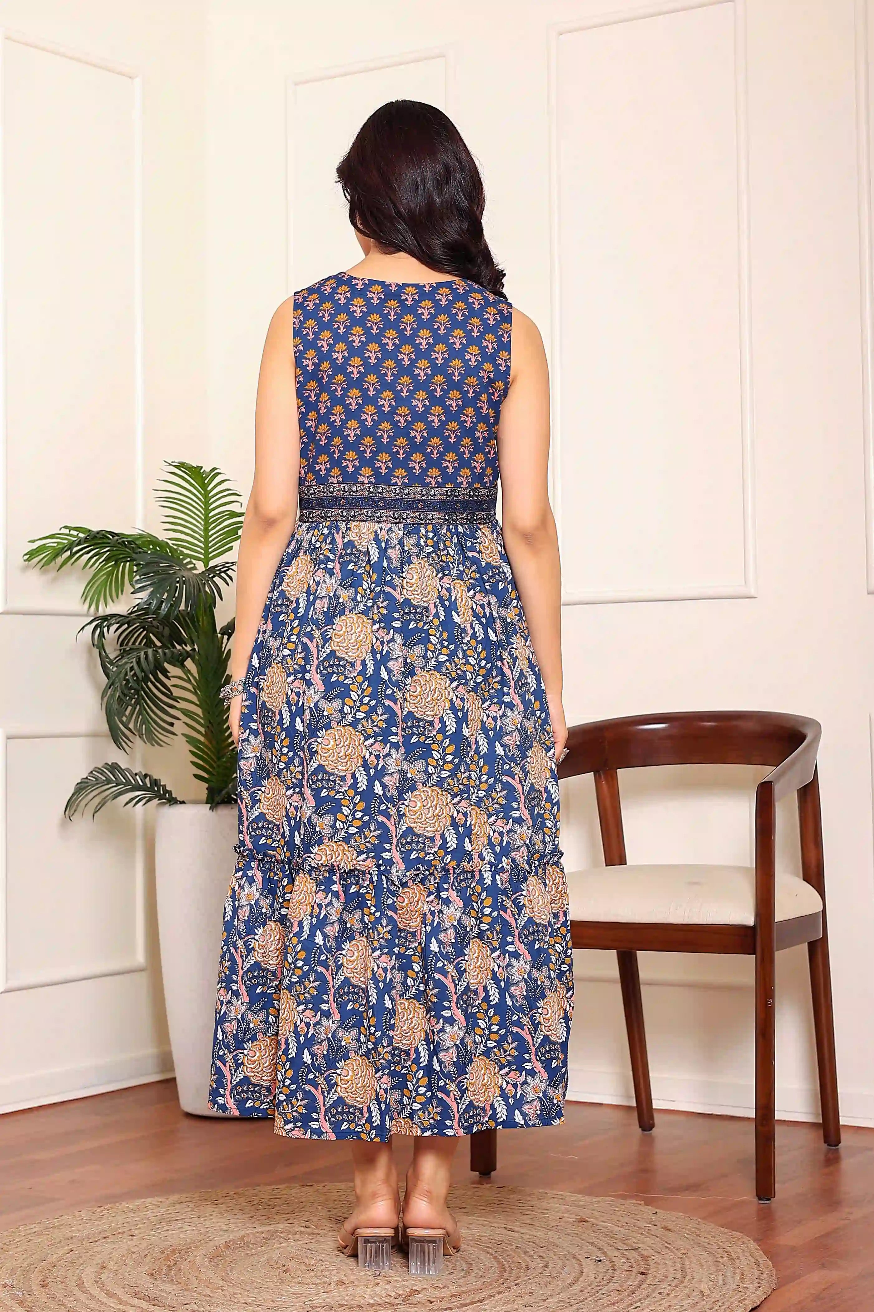 Dark Blue Floral Hand Printed Cotton Sleeveless Dress