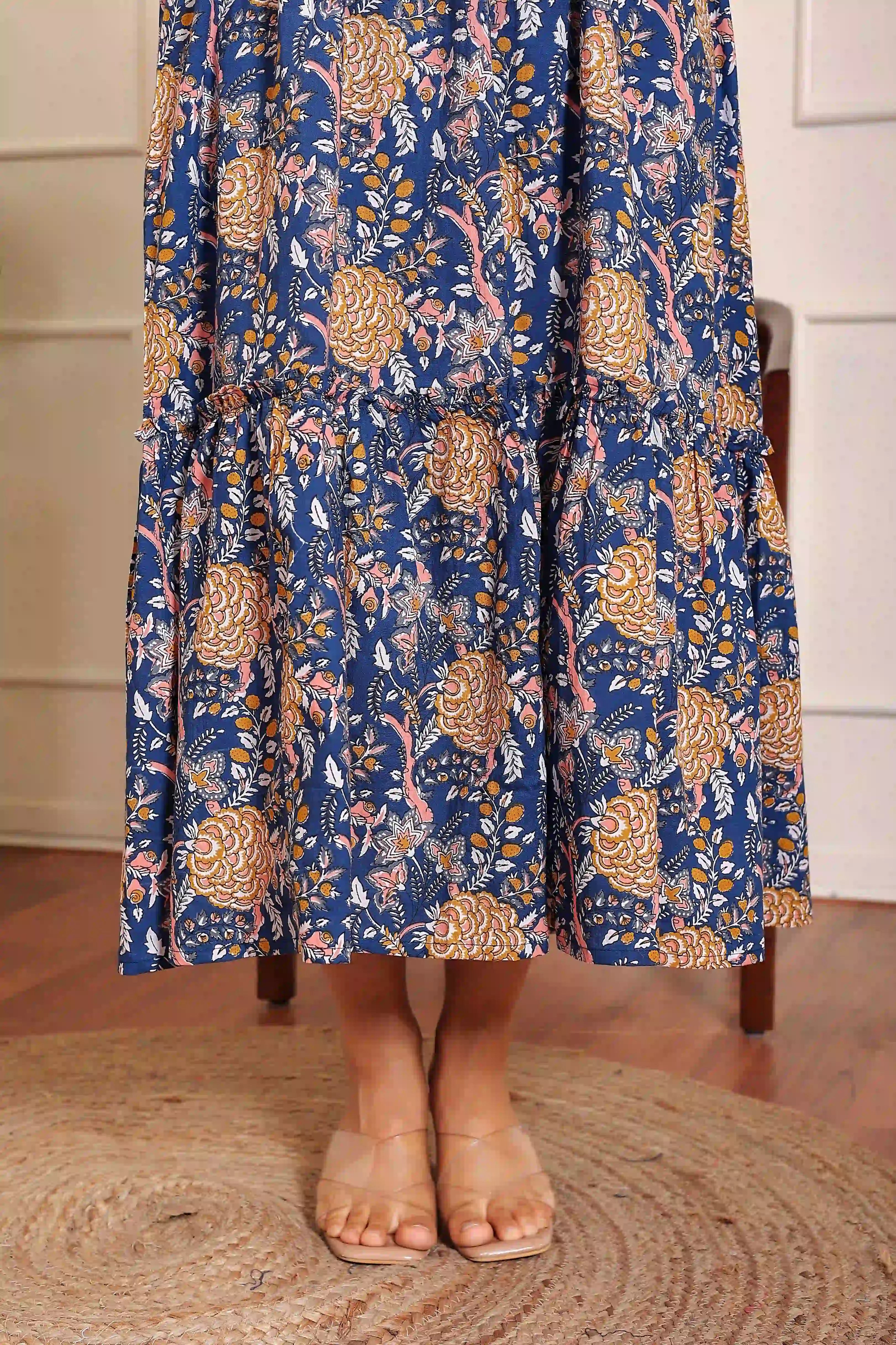 Dark Blue Floral Hand Printed Cotton Sleeveless Dress
