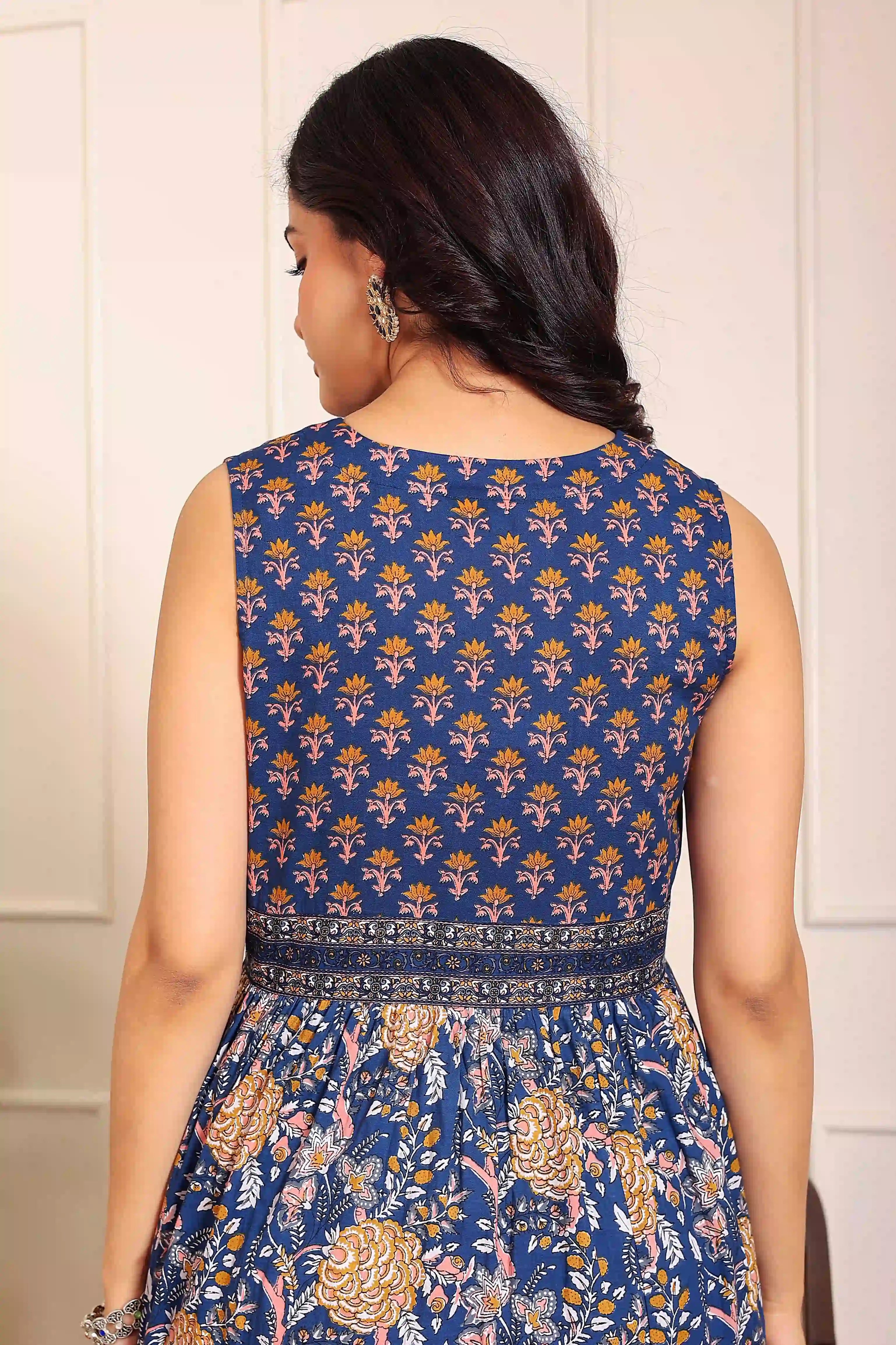 Dark Blue Floral Hand Printed Cotton Sleeveless Dress