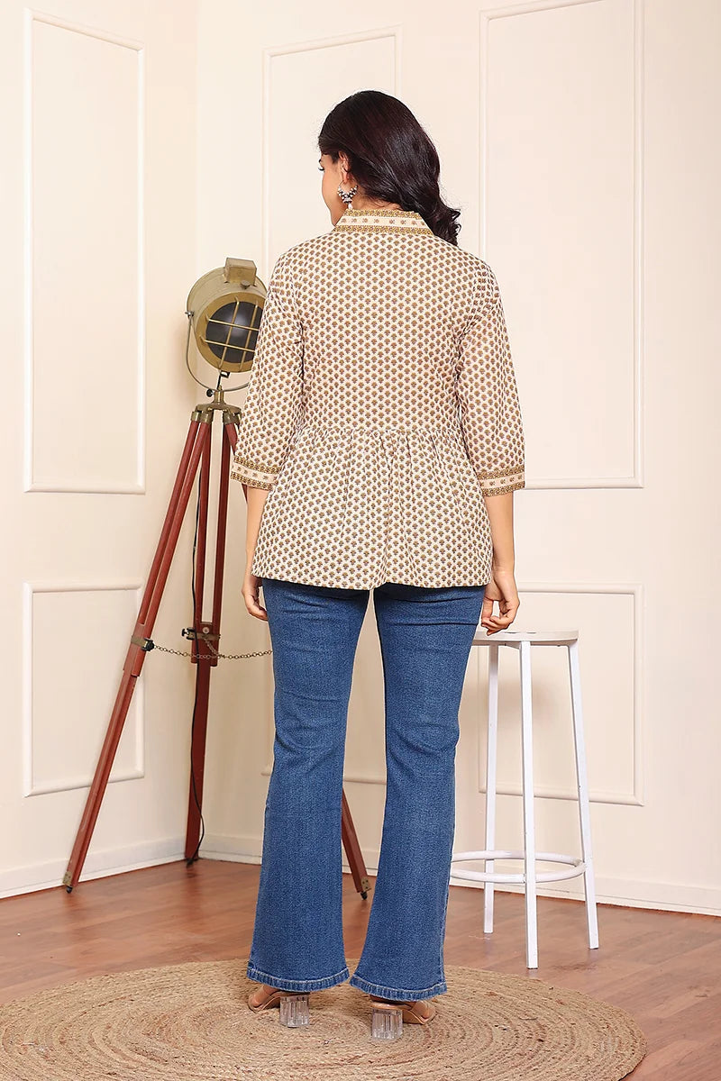 Beige yellow Hand Printed Cotton Peplum Top