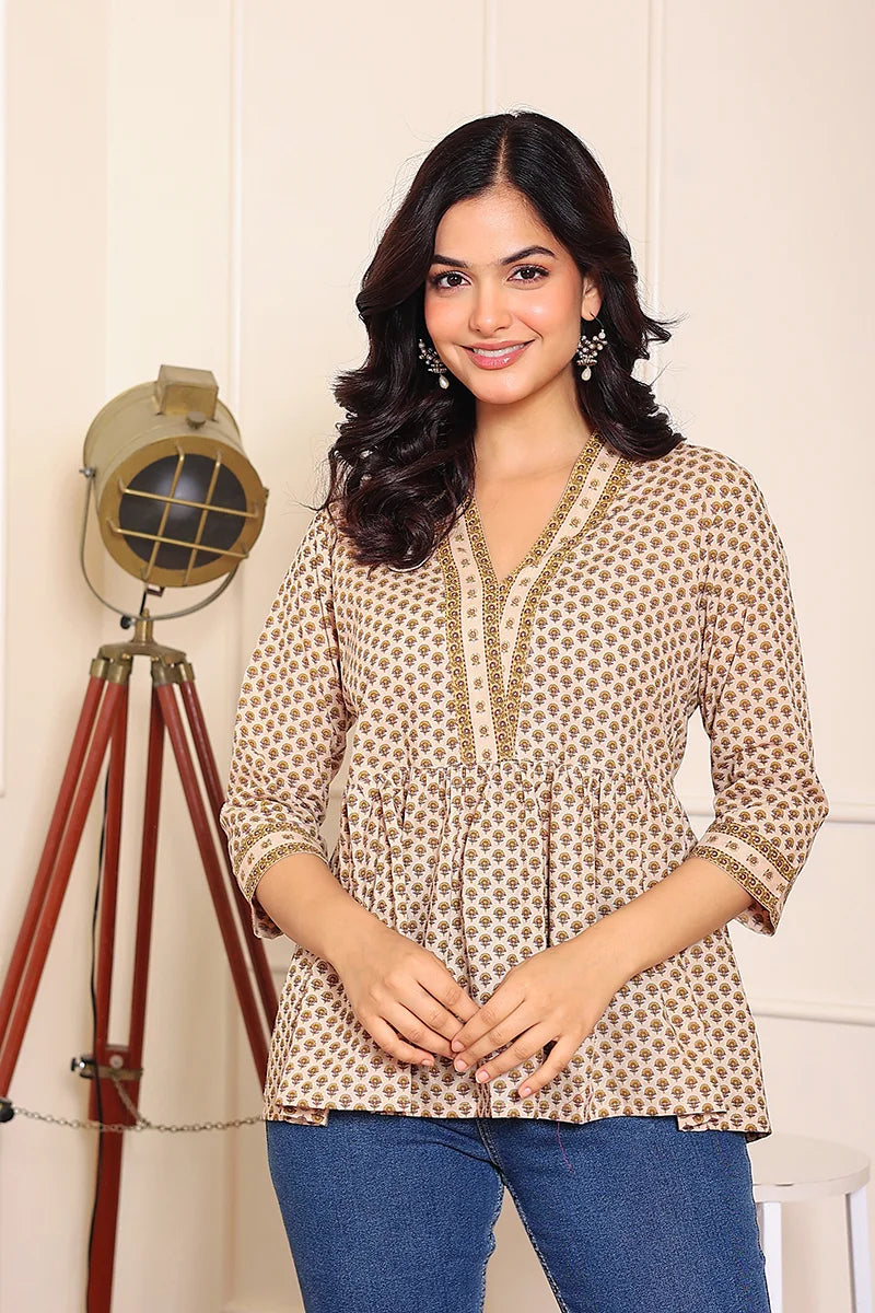 Beige yellow Hand Printed Cotton Peplum Top
