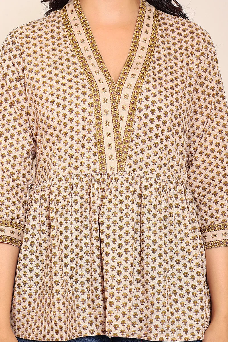 Beige yellow Hand Printed Cotton Peplum Top