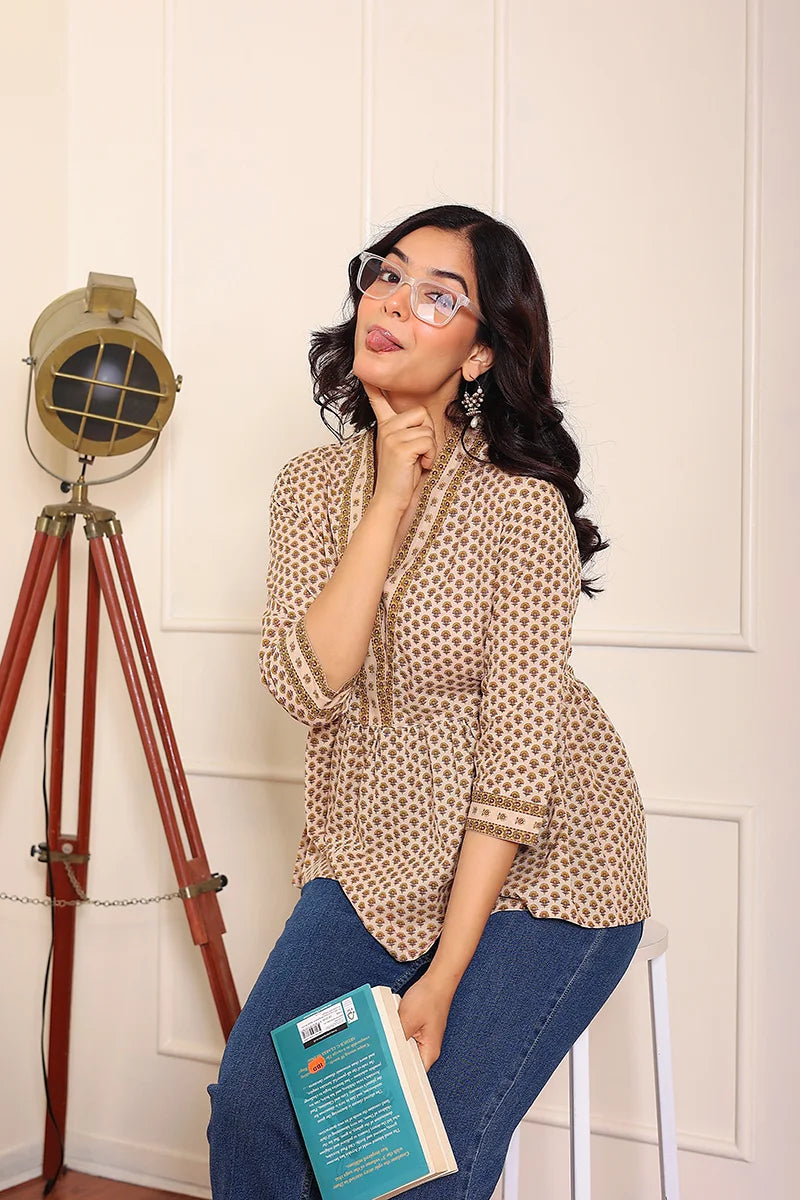 Beige yellow Hand Printed Cotton Peplum Top