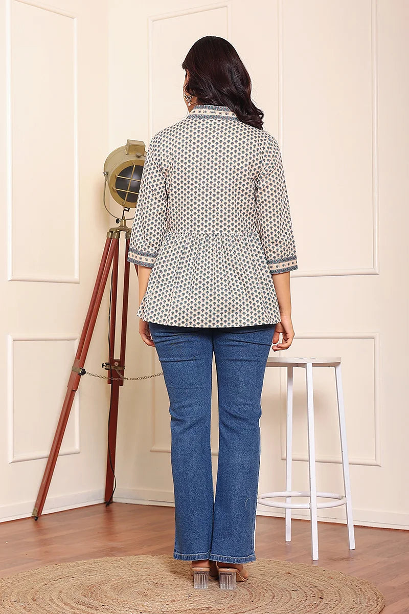 Beige Blue Hand Printed Cotton Peplum Top