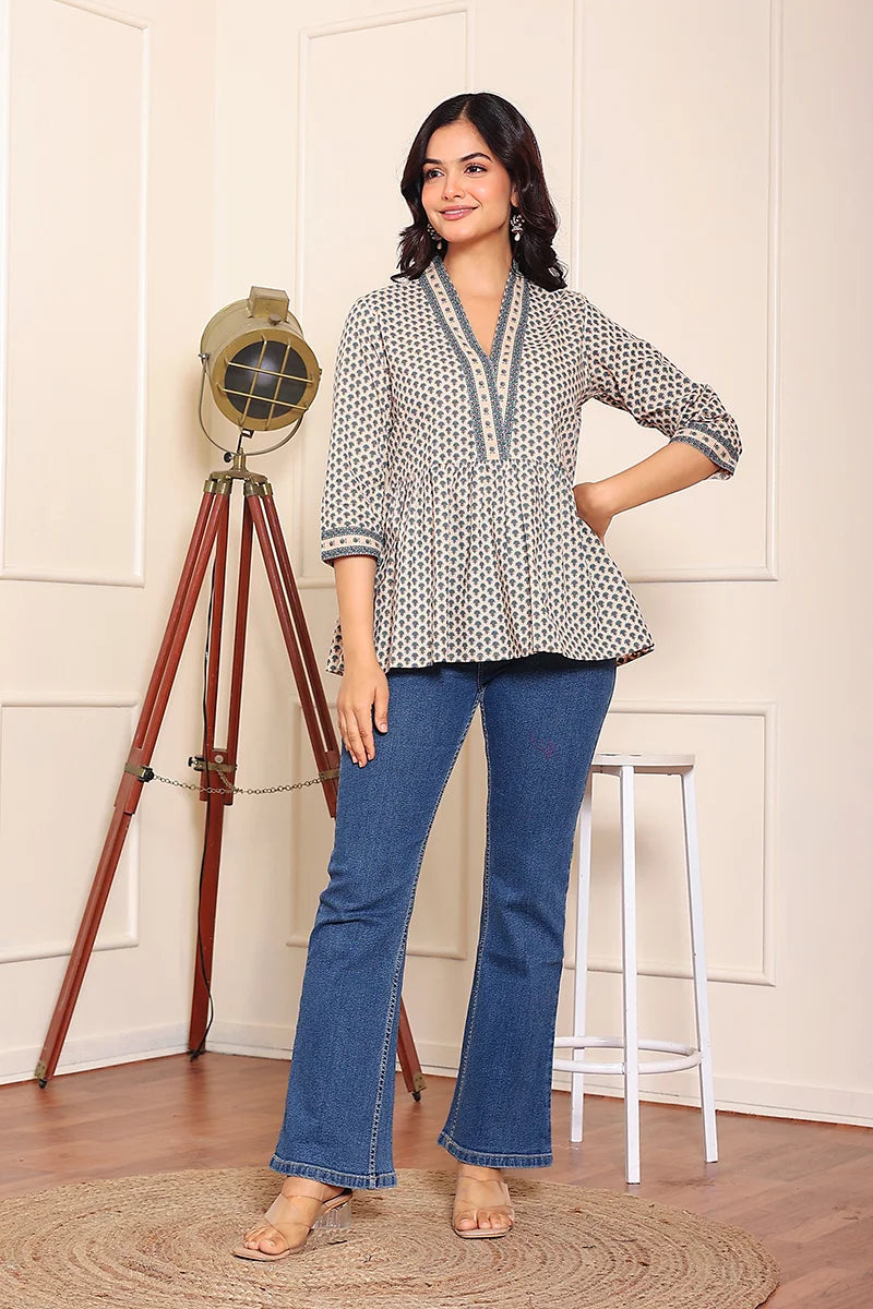 Beige Blue Hand Printed Cotton Peplum Top