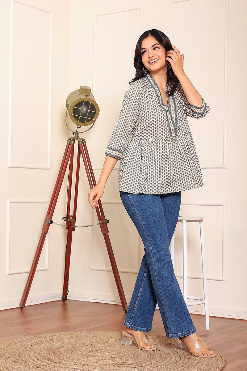 Beige Blue Hand Printed Cotton Peplum Top