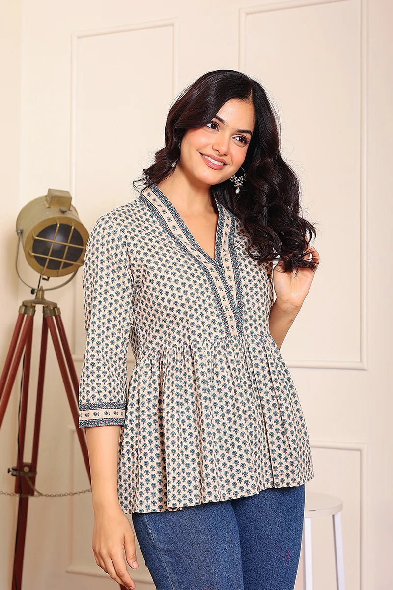 Beige Blue Hand Printed Cotton Peplum Top
