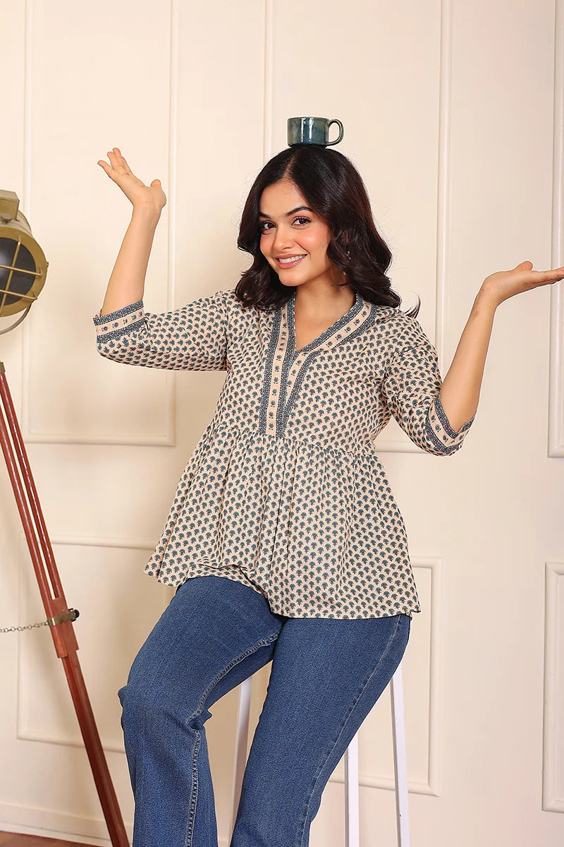 Beige Blue Hand Printed Cotton Peplum Top