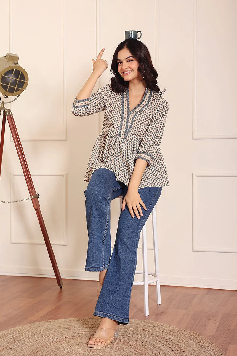 Beige Blue Hand Printed Cotton Peplum Top
