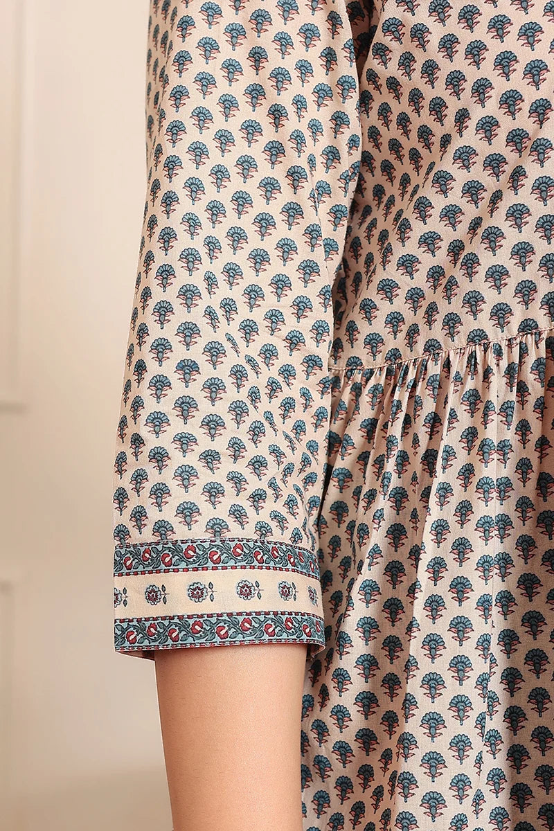 Beige Blue Hand Printed Cotton Peplum Top