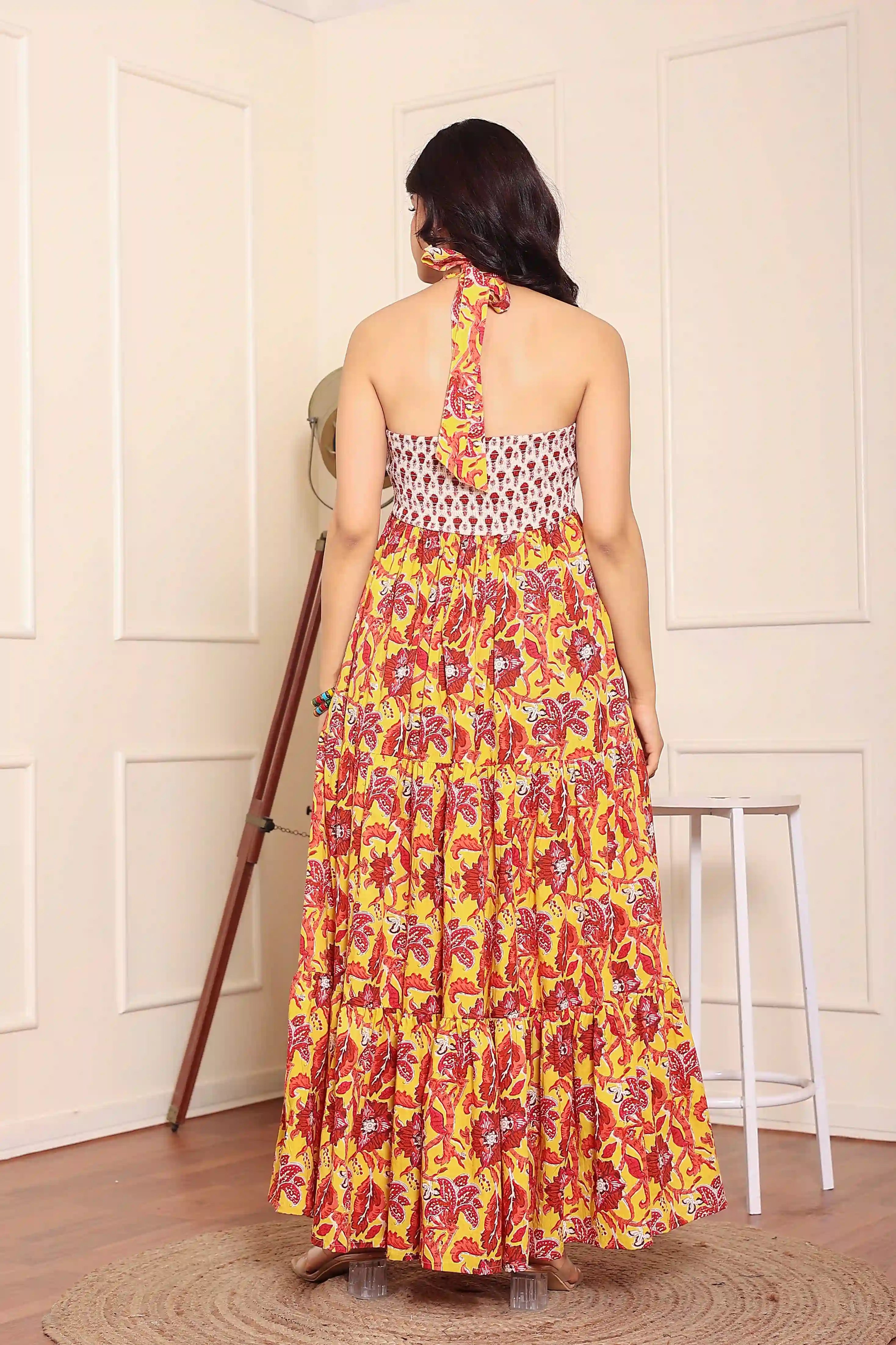 Mustard Floral Hand Printed Halter Maxi Dress