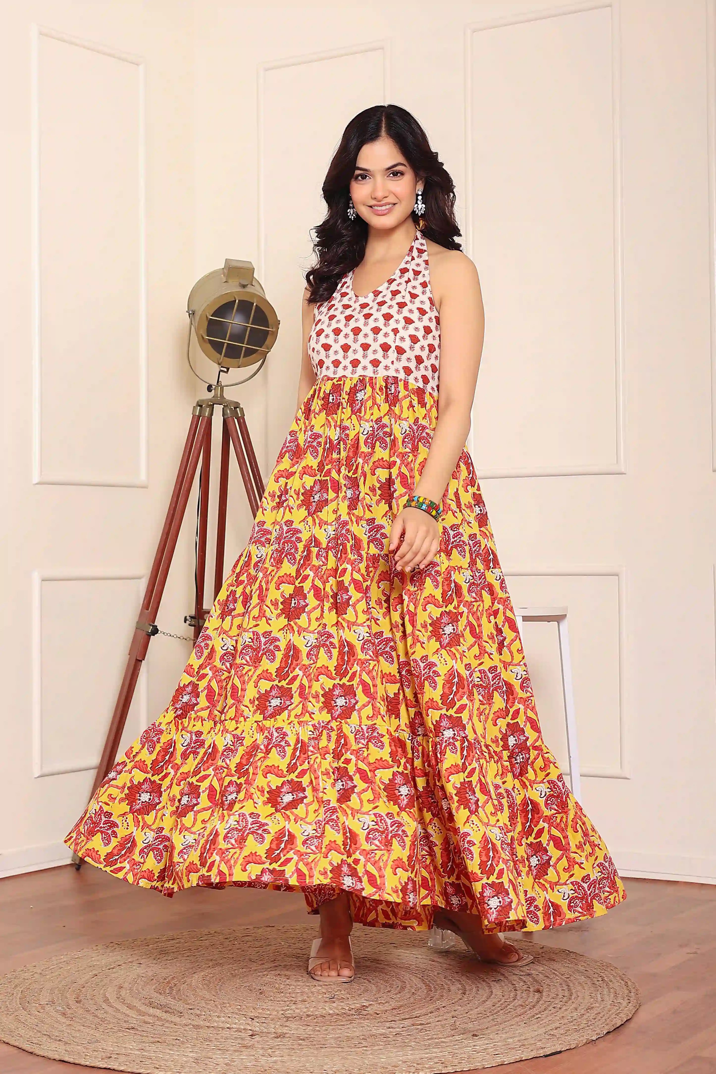 Mustard Floral Hand Printed Halter Maxi Dress