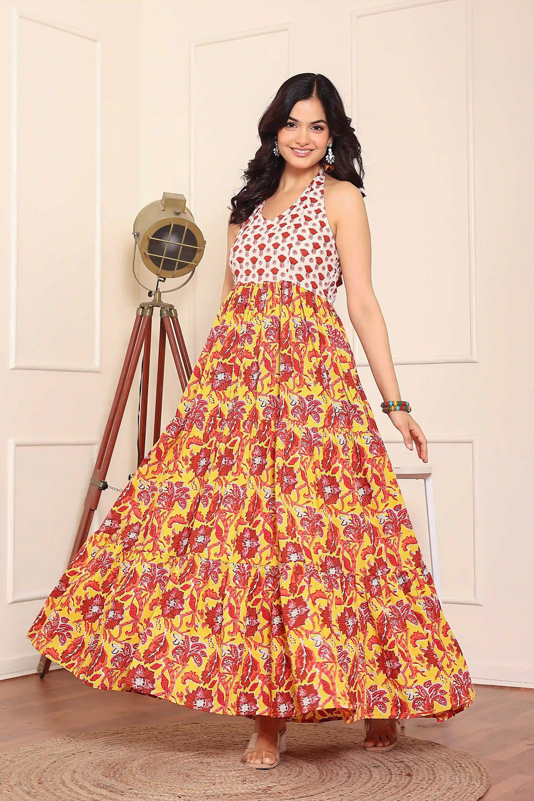 Mustard Floral Hand Printed Halter Maxi Dress