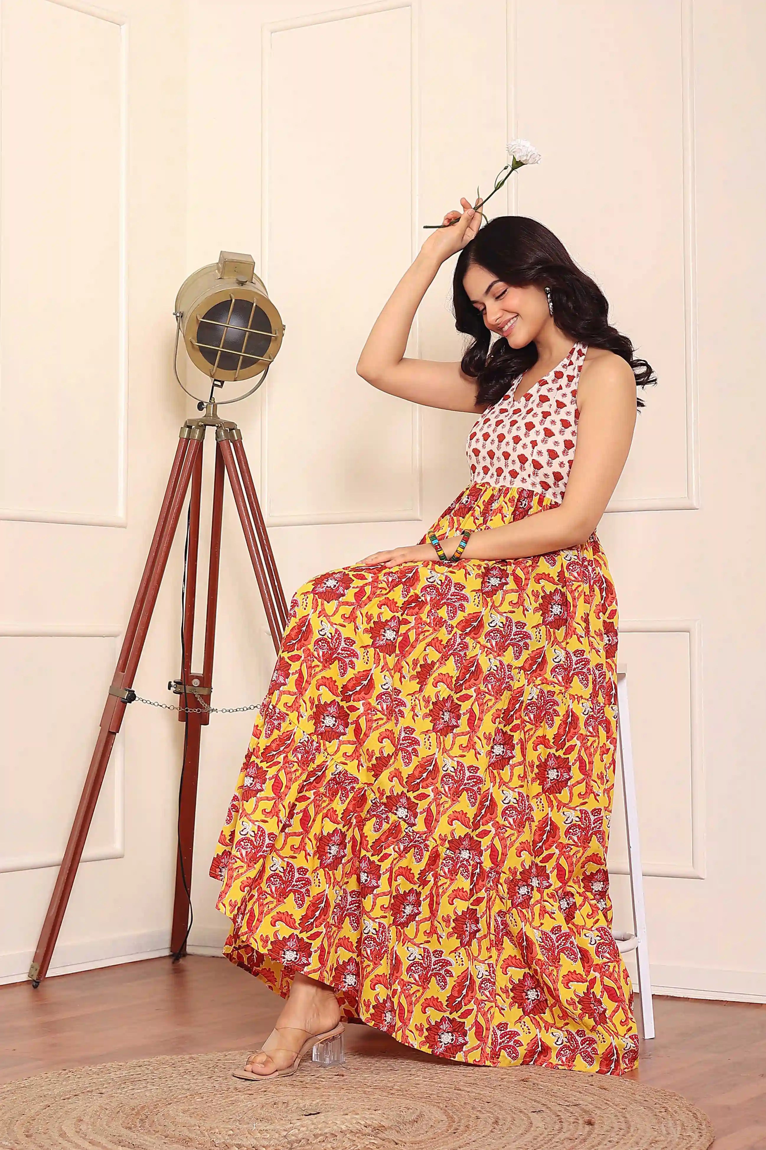 Mustard Floral Hand Printed Halter Maxi Dress