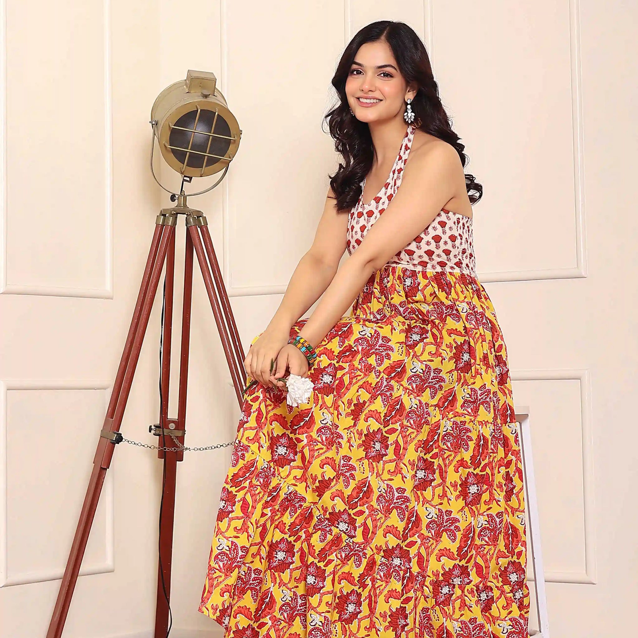 Mustard Floral Hand Printed Halter Maxi Dress
