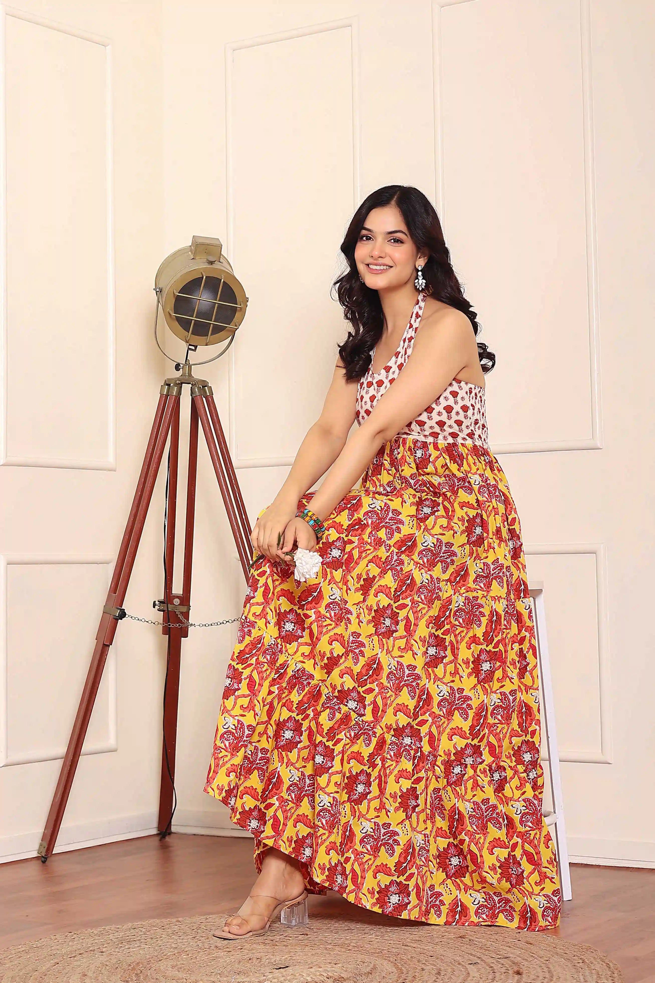 Mustard Floral Hand Printed Halter Maxi Dress