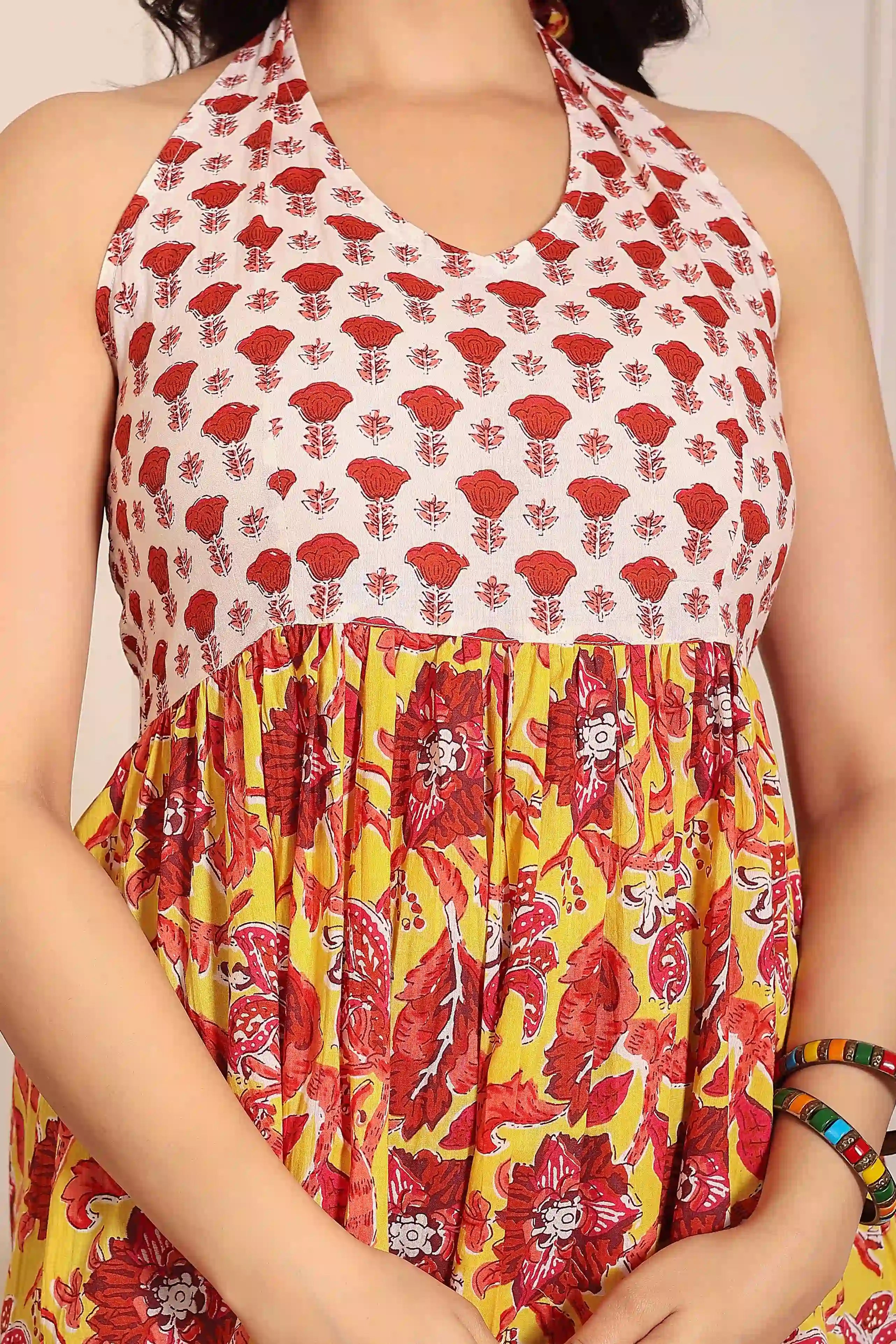 Mustard Floral Hand Printed Halter Maxi Dress
