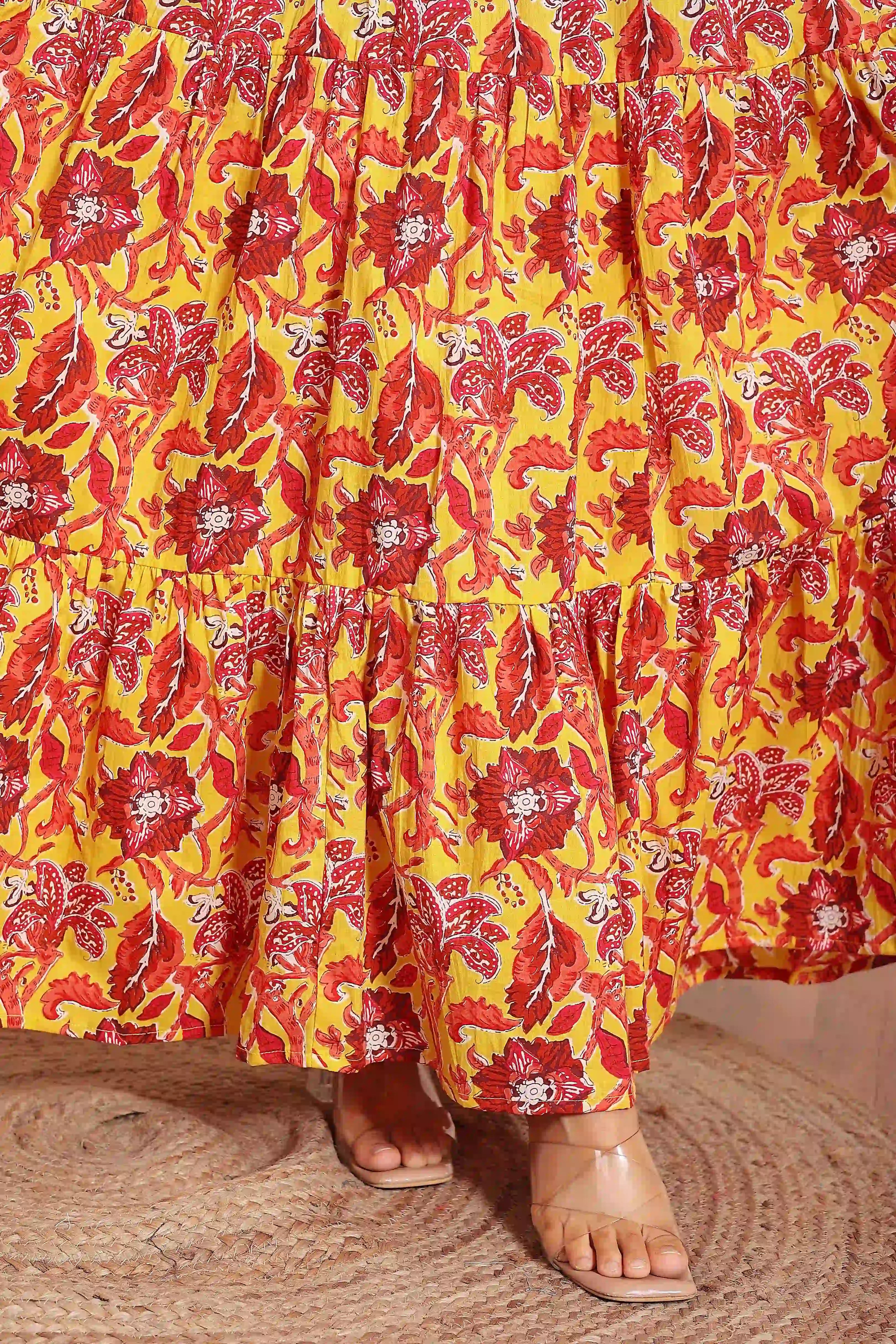 Mustard Floral Hand Printed Halter Maxi Dress