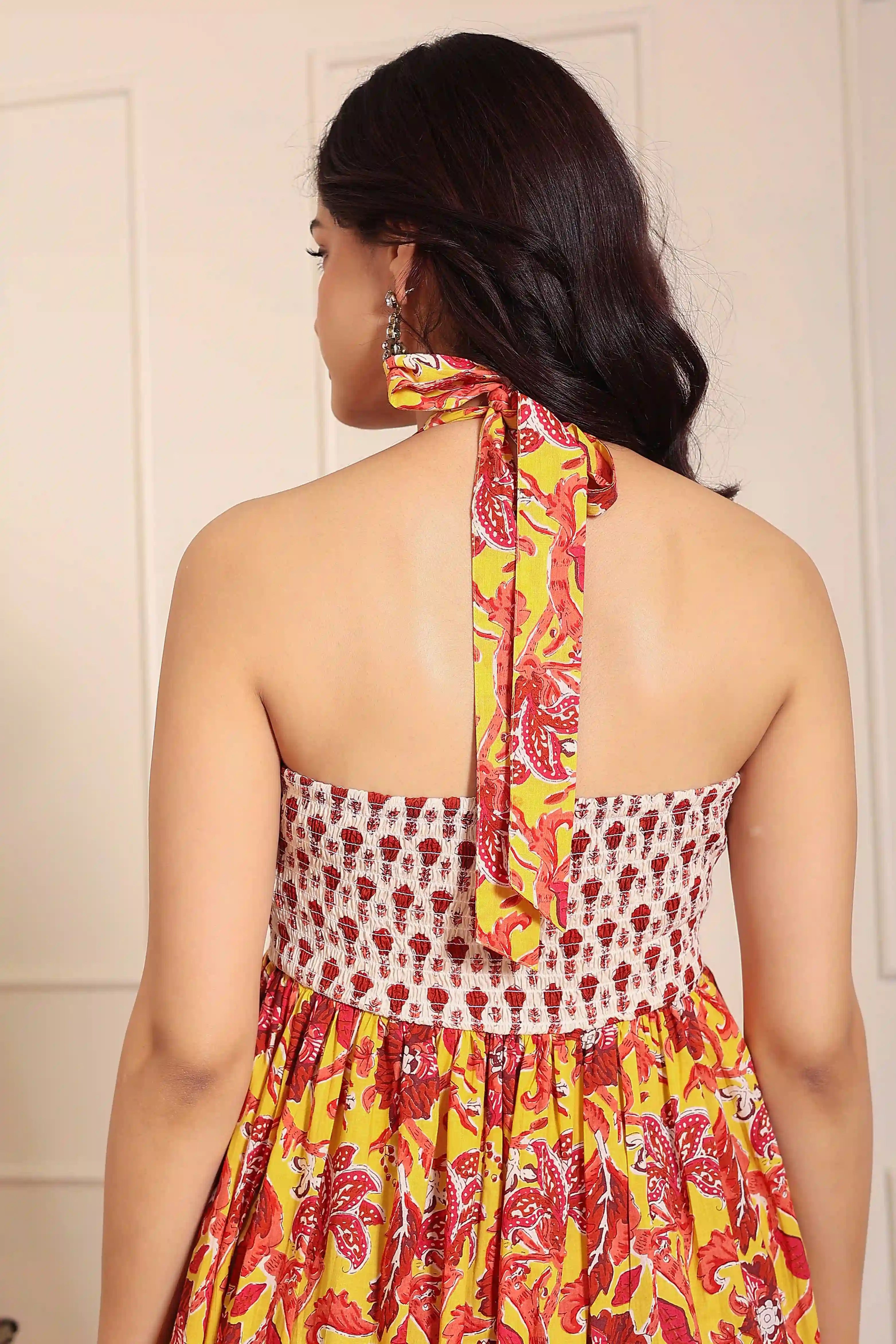 Mustard Floral Hand Printed Halter Maxi Dress