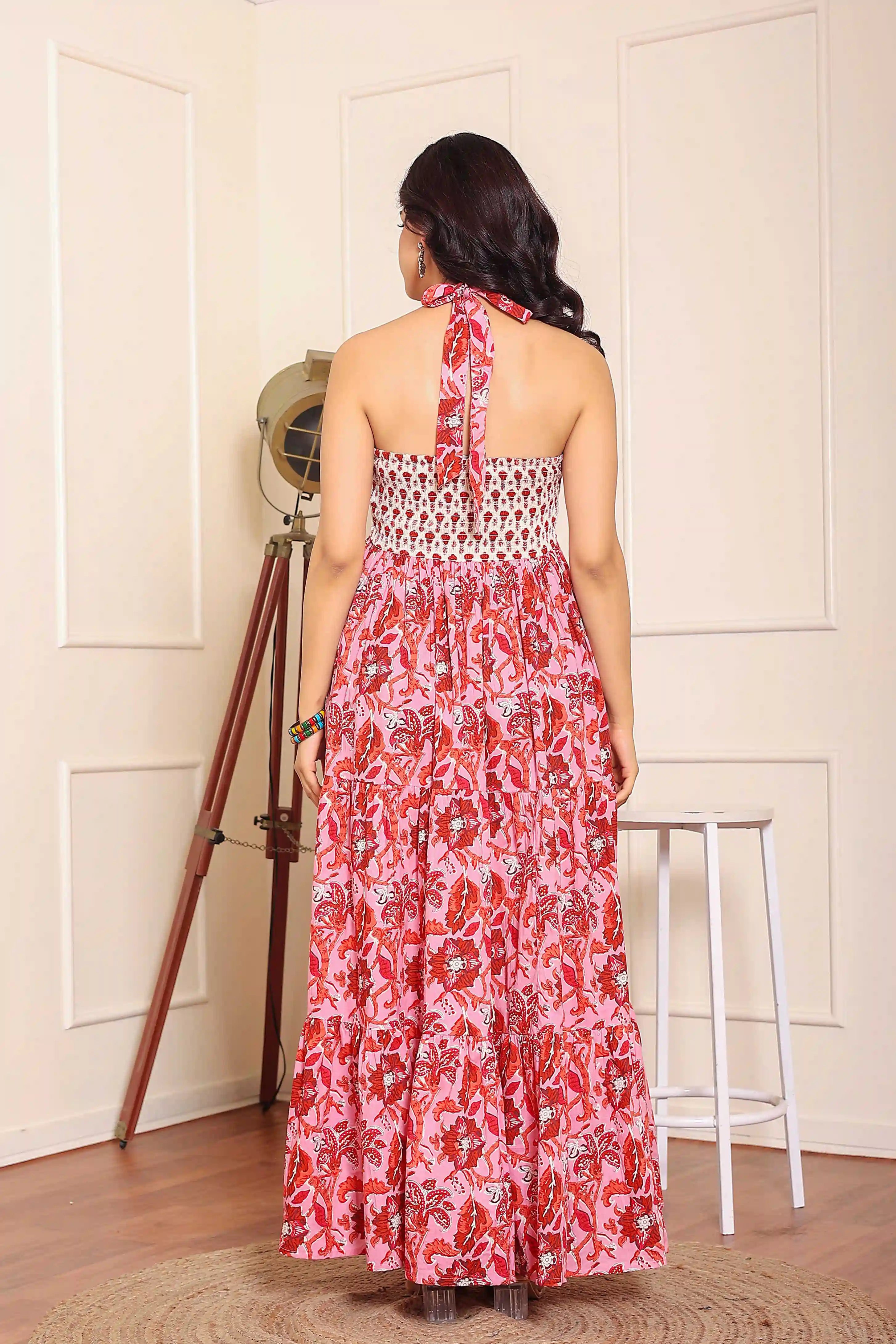 Pink Floral Hand Printed Halter Maxi Dress